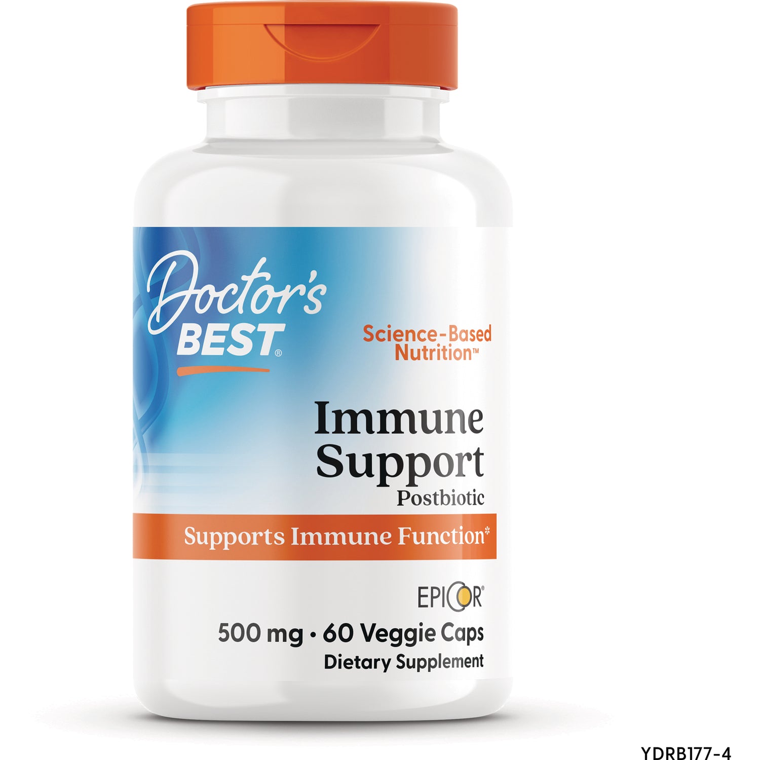 Doctor's BEST Immune Support Postbiotic bottle with orange cap labeled 500 mg 60 Veggie Caps supports immune function