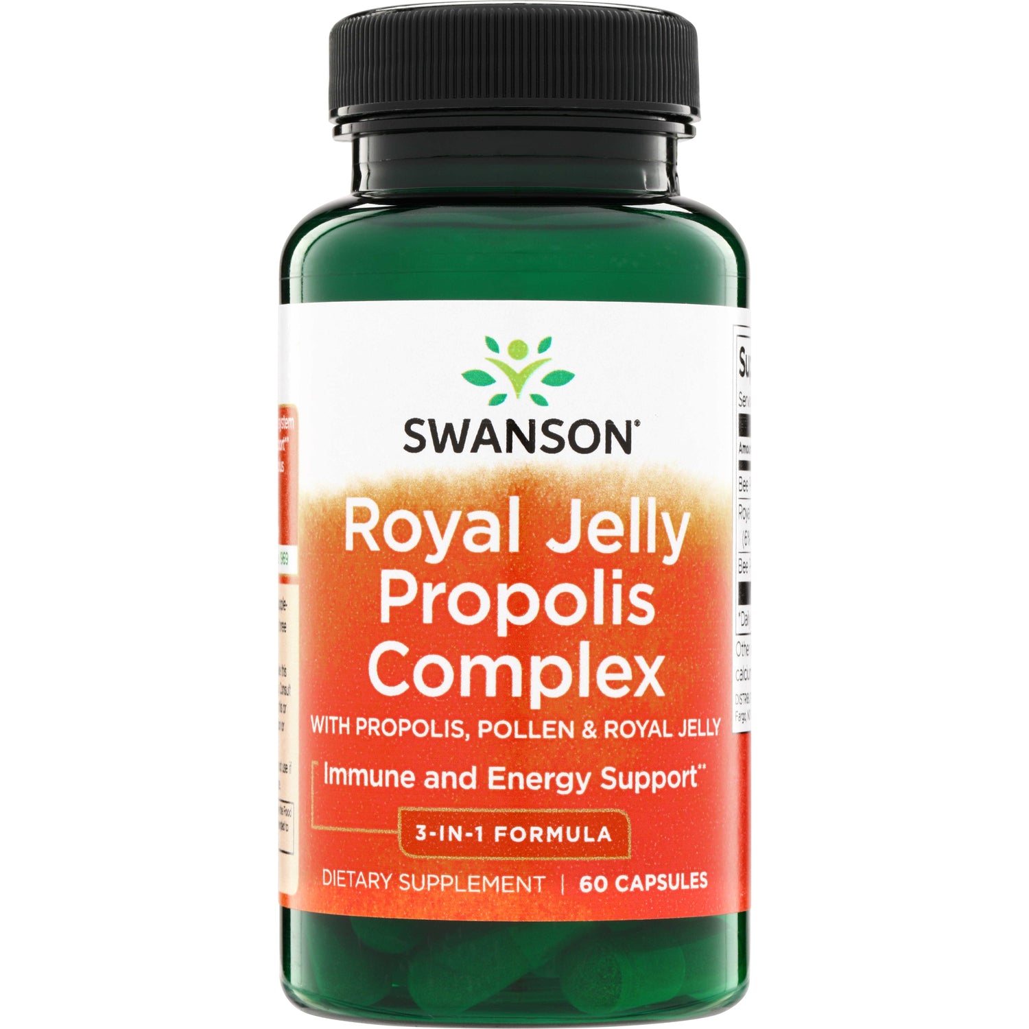 SWU969 | Swanson Royal Jelly Propolis Complex supplement bottle, 60 capsules, 3-in-1 formula for immune and energy support