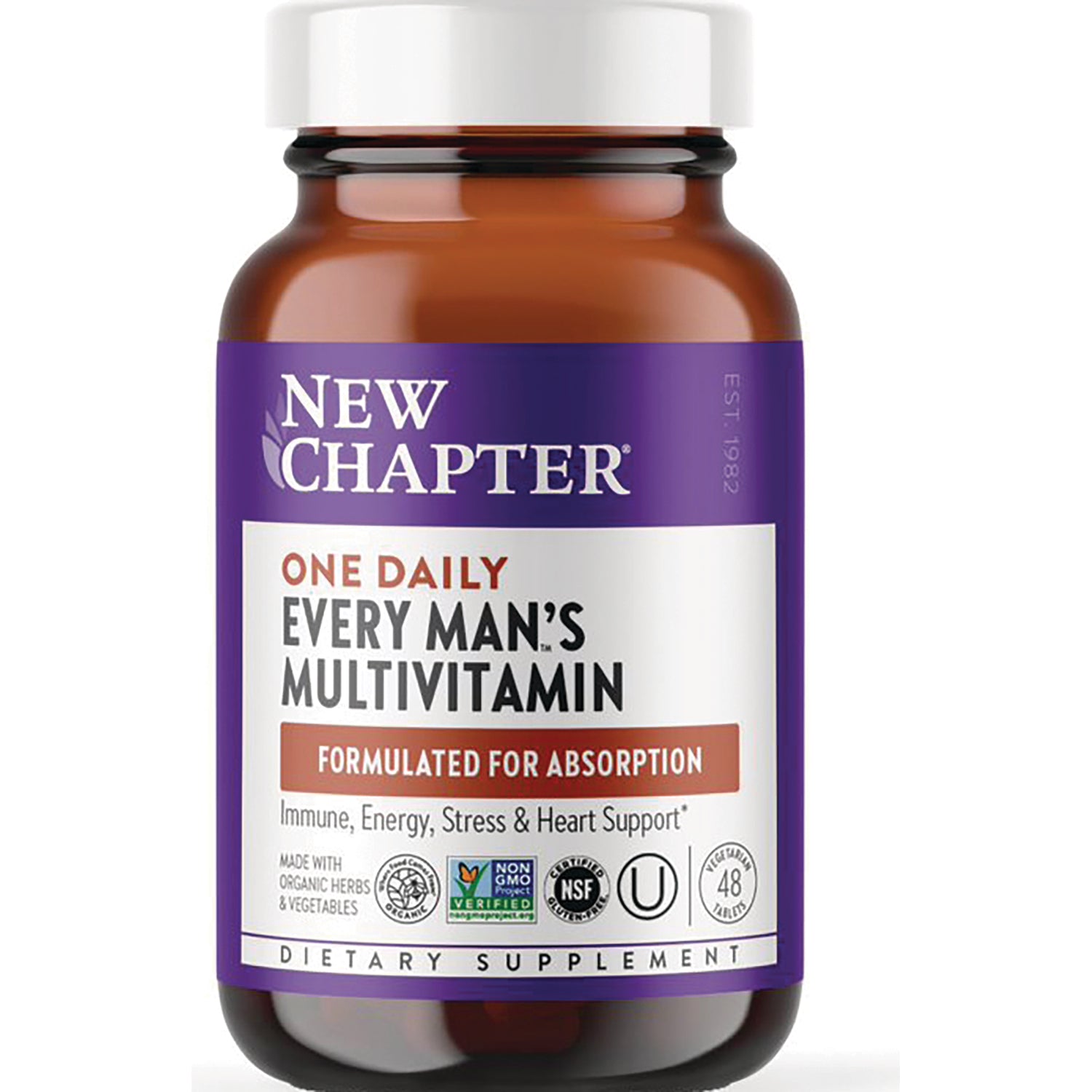 NWC137 | Brown supplement bottle with purple New Chapter label reading ONE DAILY EVERY MAN'S MULTIVITAMIN, front view