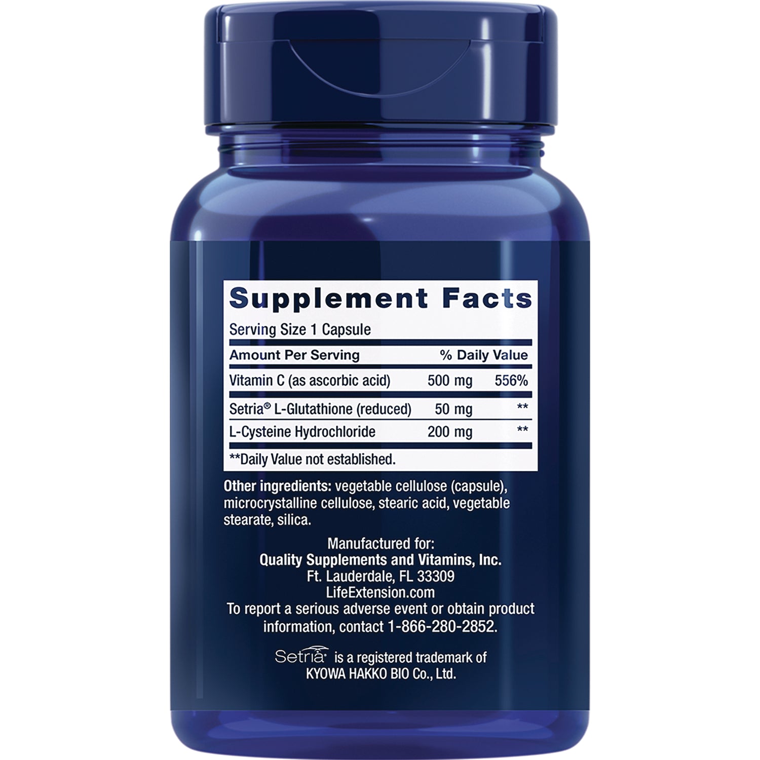LE218 | back of blue supplement bottle showing Supplement Facts panel listing Vitamin C 500 mg, L-Glutathione 50 mg, L-Cysteine 200 mg