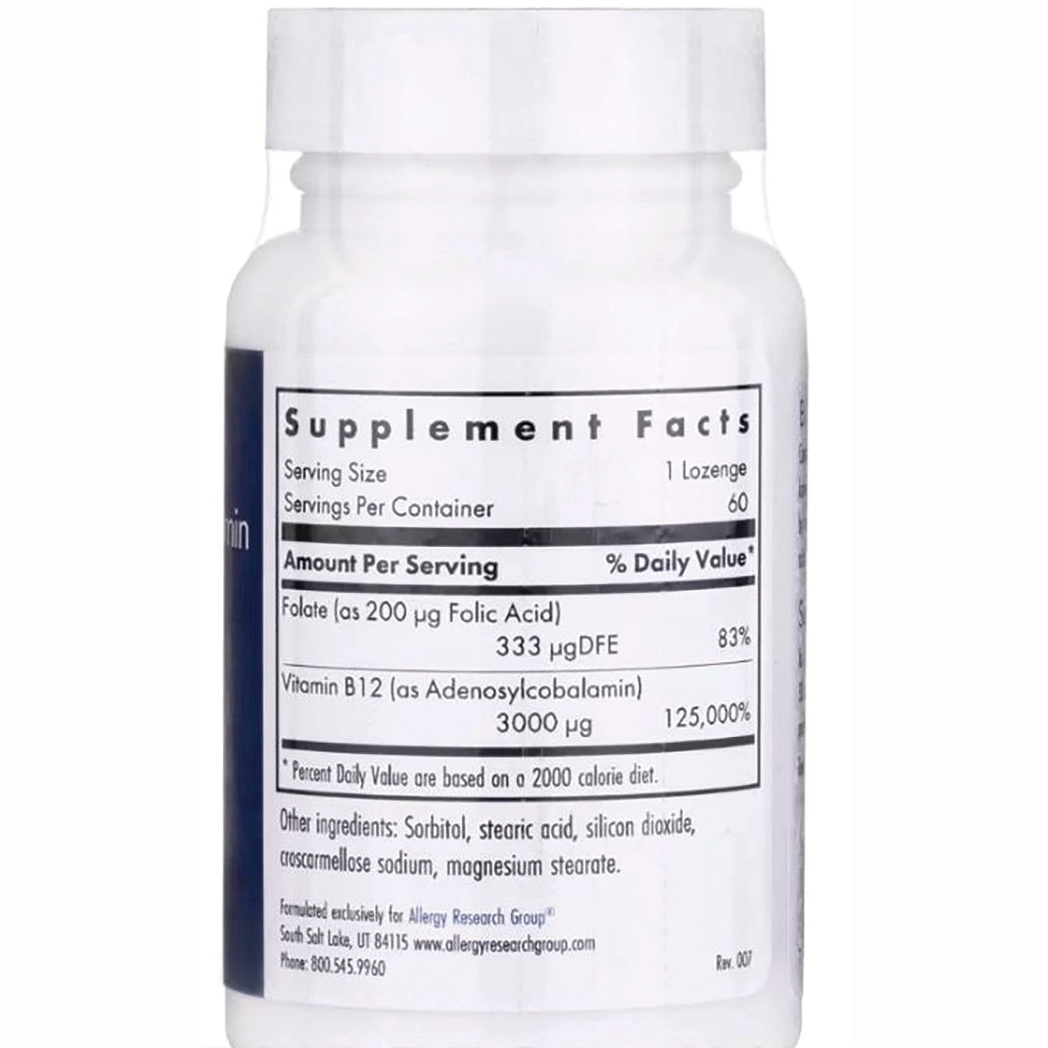 ARG072 | back of white supplement bottle showing Supplement Facts panel with serving size 1 lozenge, folate 333 g DFE and vitamin B12 3000 g