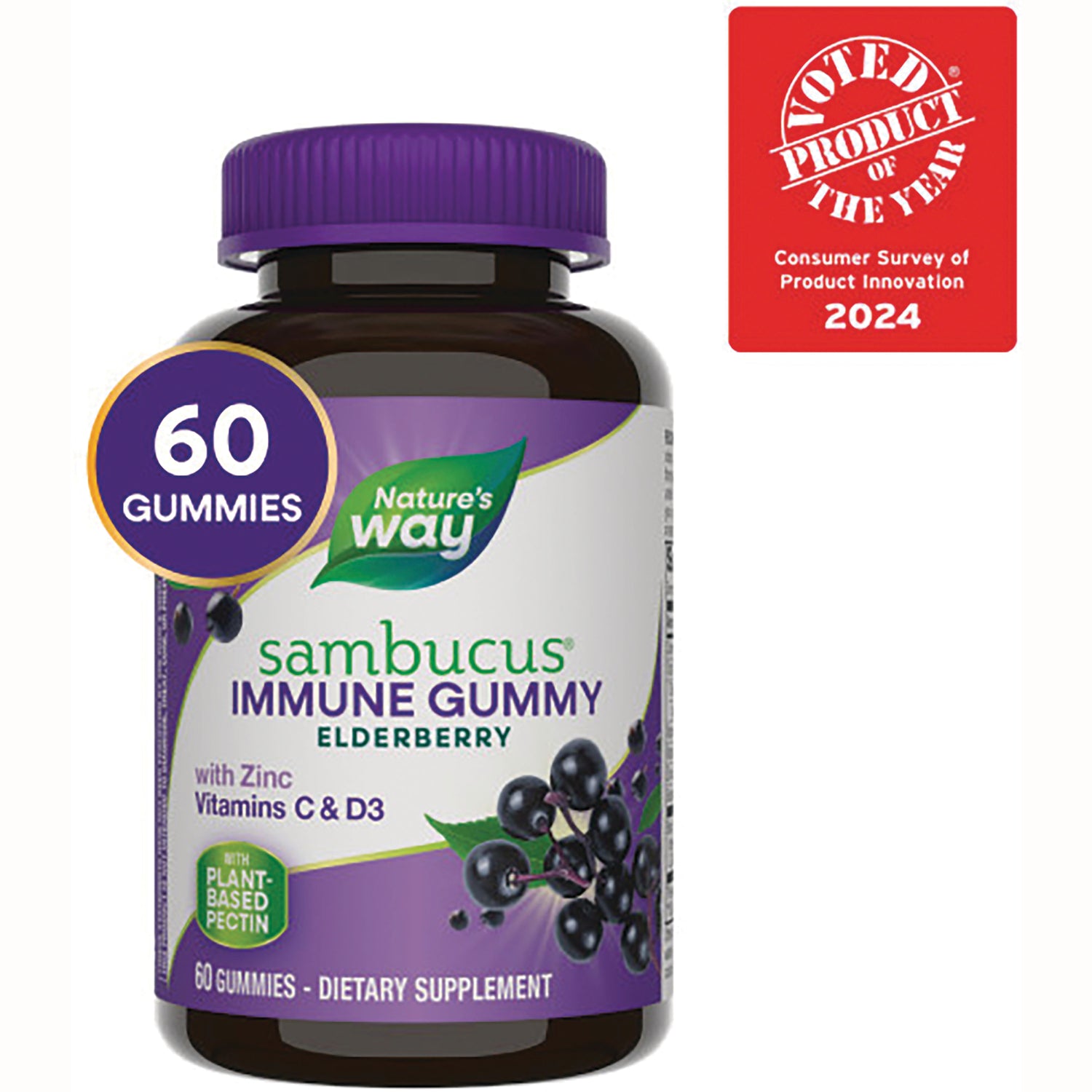 NW883 | Nature's Way Sambucus immune elderberry gummy bottle, 60 gummies, vitamins C & D3, plant-based pectin