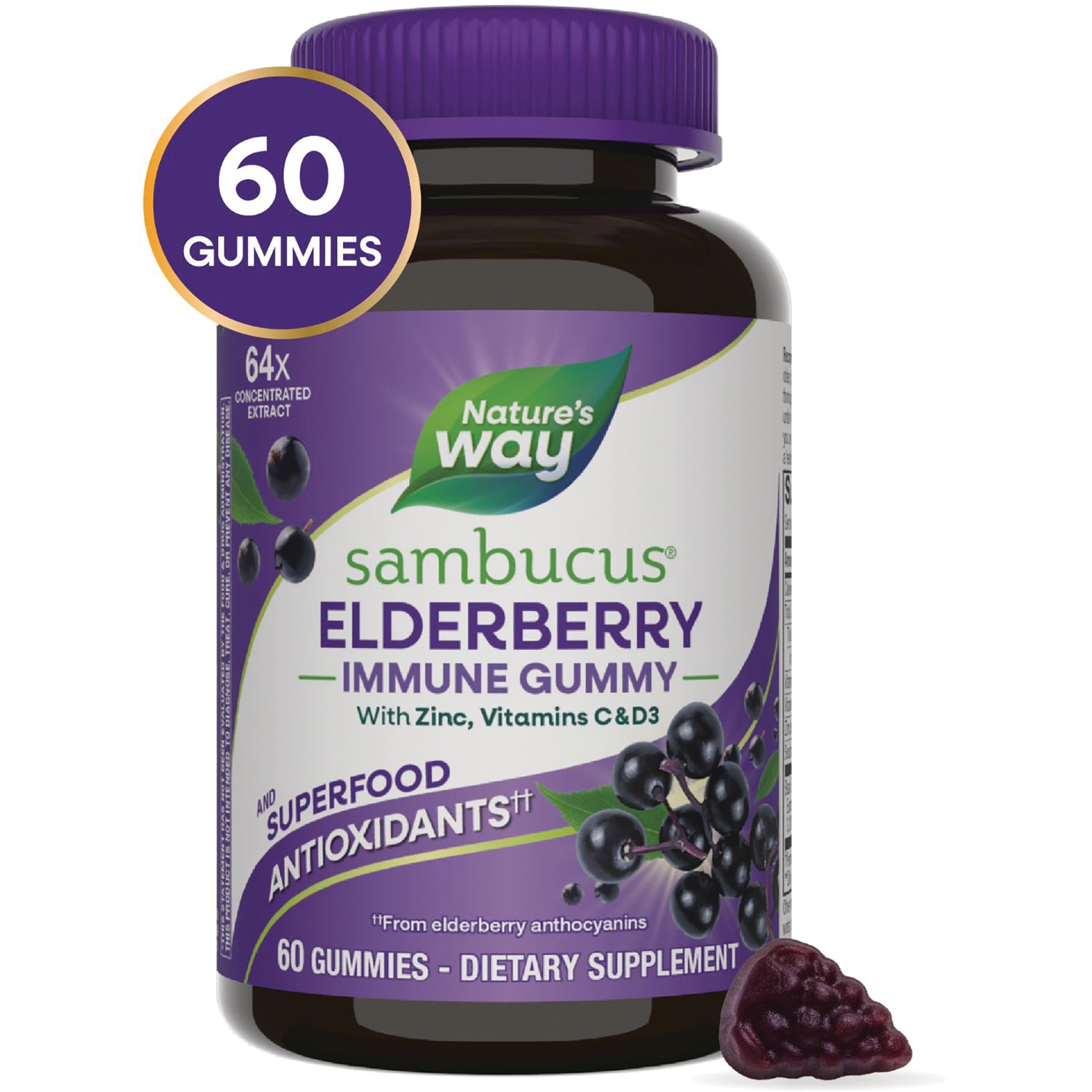 NW883 | Nature's Way Sambucus immune elderberry gummy bottle, 60 gummies, vitamins C & D3, plant-based pectin