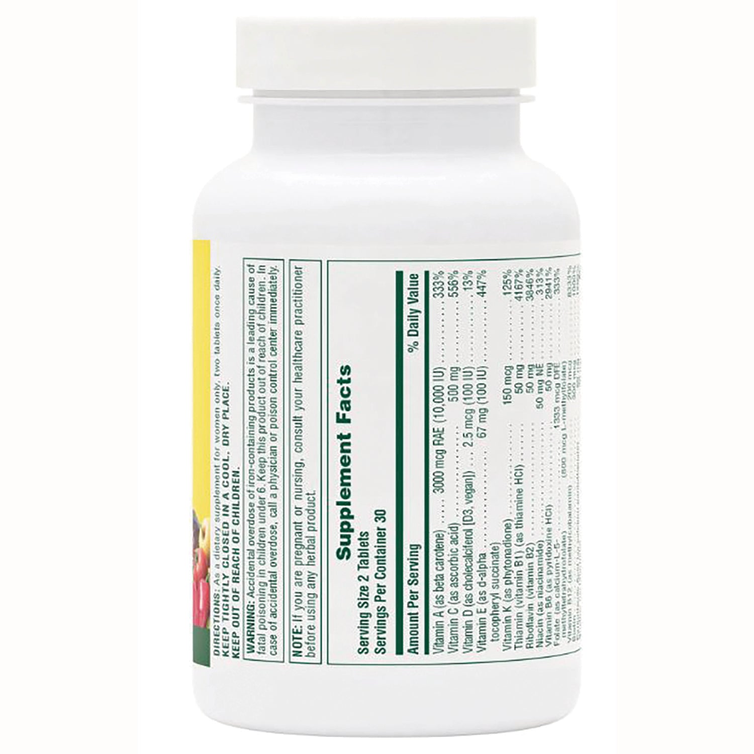 NTP075 | back label showing Supplement Facts panel and ingredient amounts on white vitamin bottle