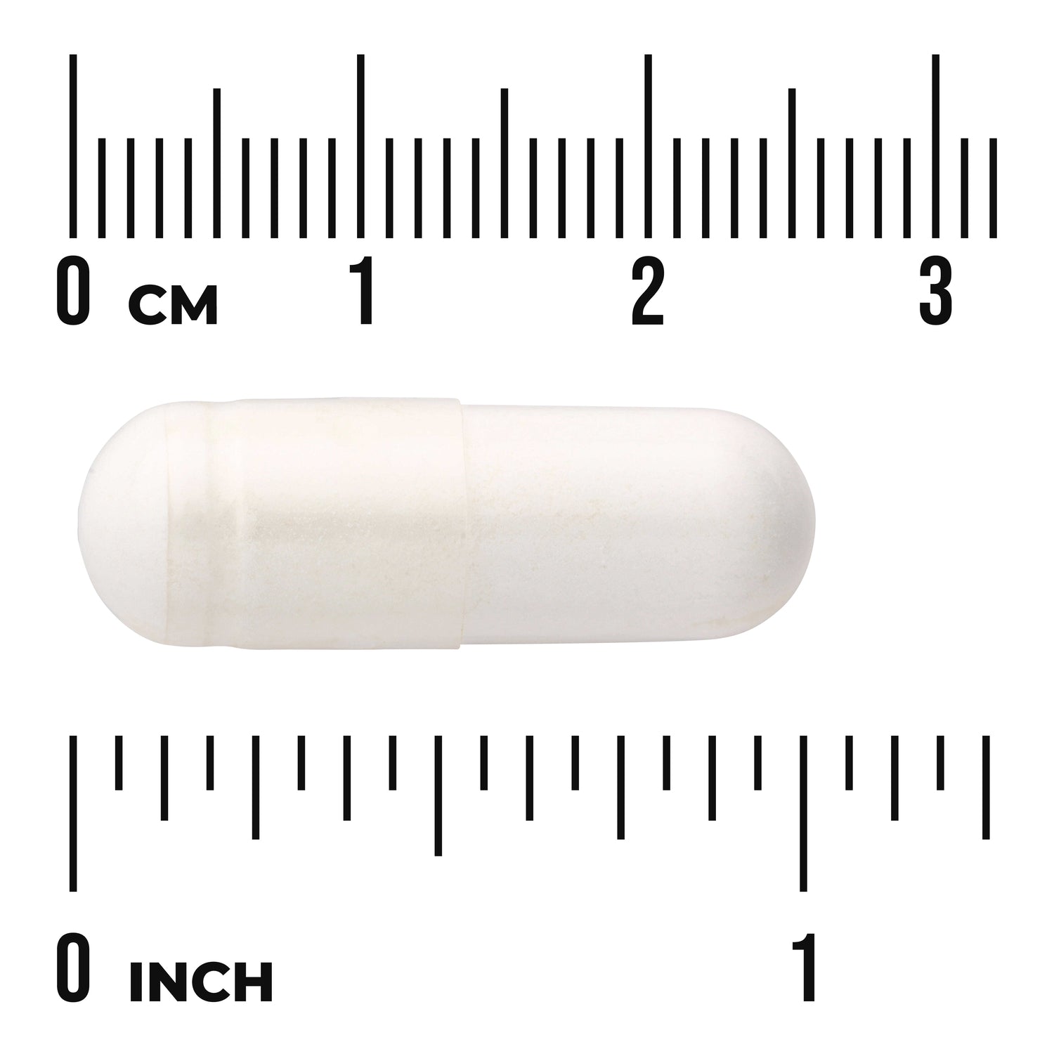 SWU675 | White capsule next to size rulers in centimeters and inches