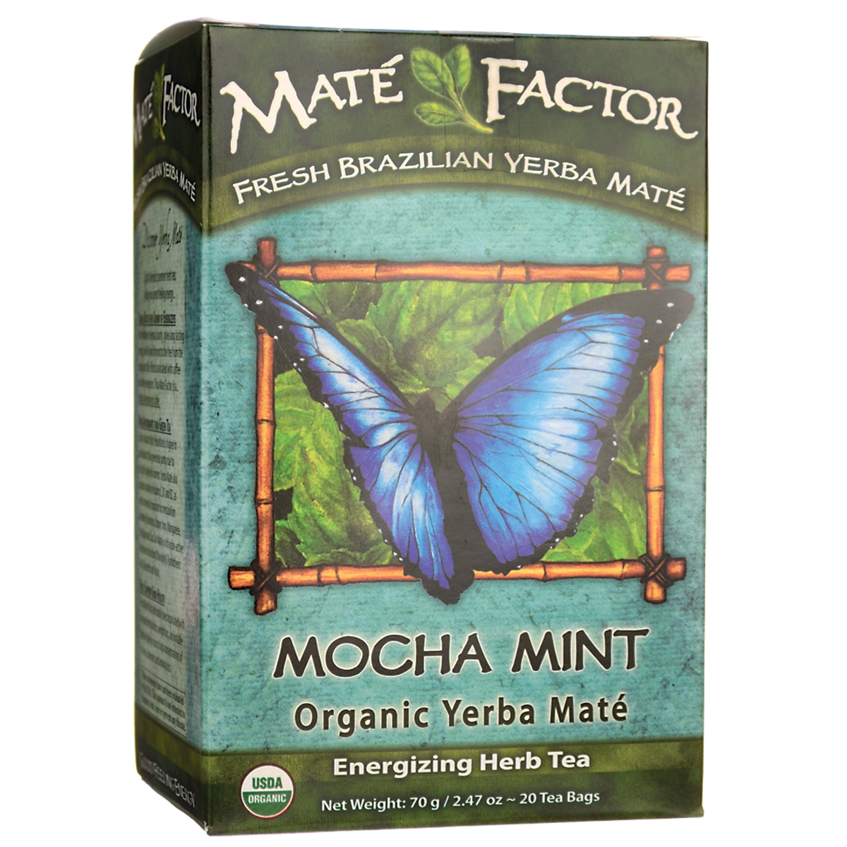 MTF005 | Mat Factor Mocha Mint organic yerba mat tea box with blue butterfly on front