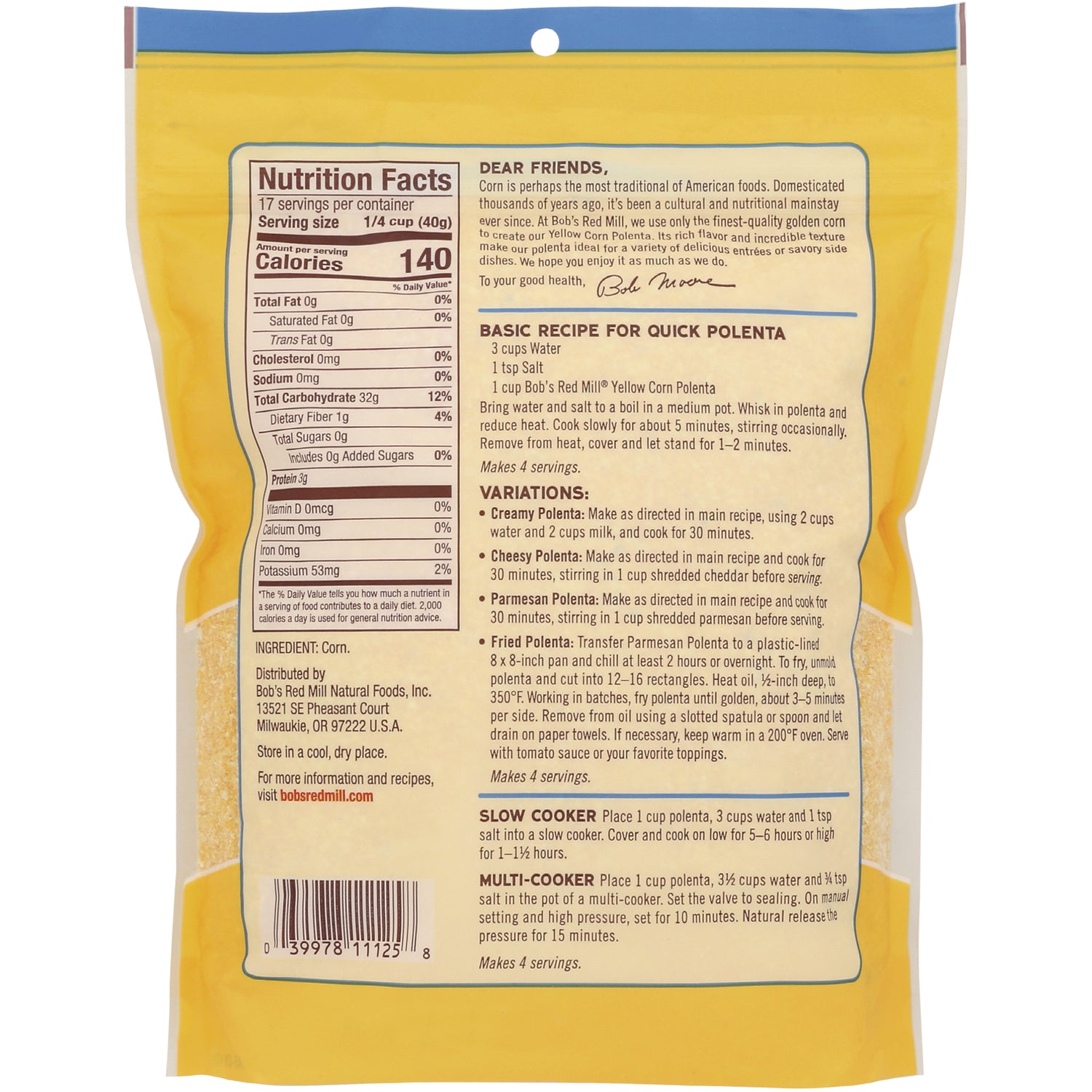 BOB414 | Back of yellow polenta bag showing nutrition facts, recipe and barcode