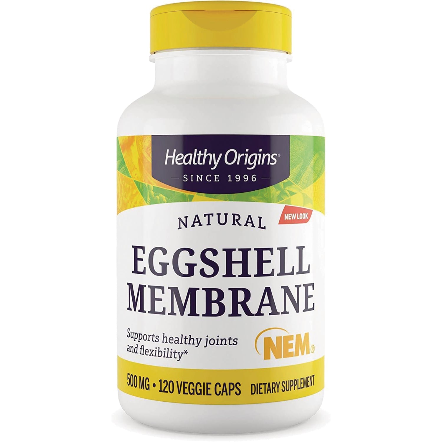 HRG102 | Healthy Origins natural Eggshell Membrane supplement bottle front showing brand, NEM logo, 500 MG 120 veggie caps