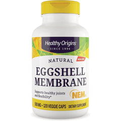 HRG102 | Healthy Origins natural Eggshell Membrane supplement bottle front showing brand, NEM logo, 500 MG 120 veggie caps