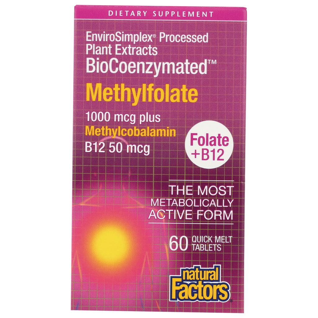 NFC173 | Natural Factors Methylfolate box front, 1000 mcg with Methylcobalamin B12 50 mcg, 60 quick melt tablets - Thumbnail