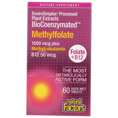 NFC173 | Natural Factors Methylfolate box front, 1000 mcg with Methylcobalamin B12 50 mcg, 60 quick melt tablets