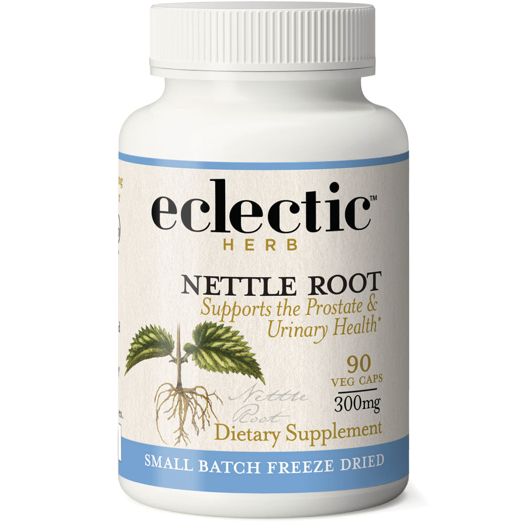 EC037 | White bottle of Eclectic Herb Nettle Root dietary supplement, 90 veg caps, 300mg, small batch freeze dried - Thumbnail