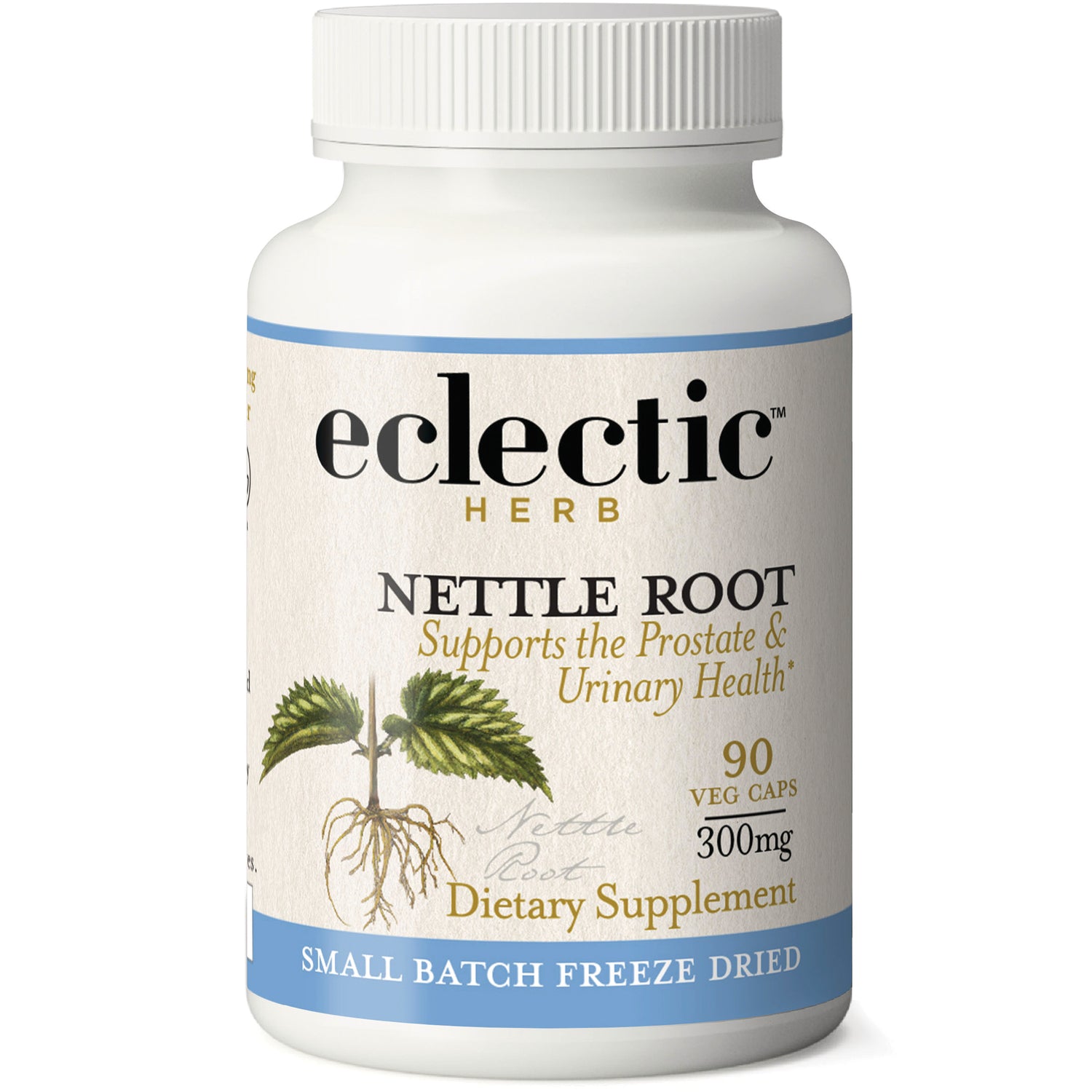 EC037 | White bottle of Eclectic Herb Nettle Root dietary supplement, 90 veg caps, 300mg, small batch freeze dried