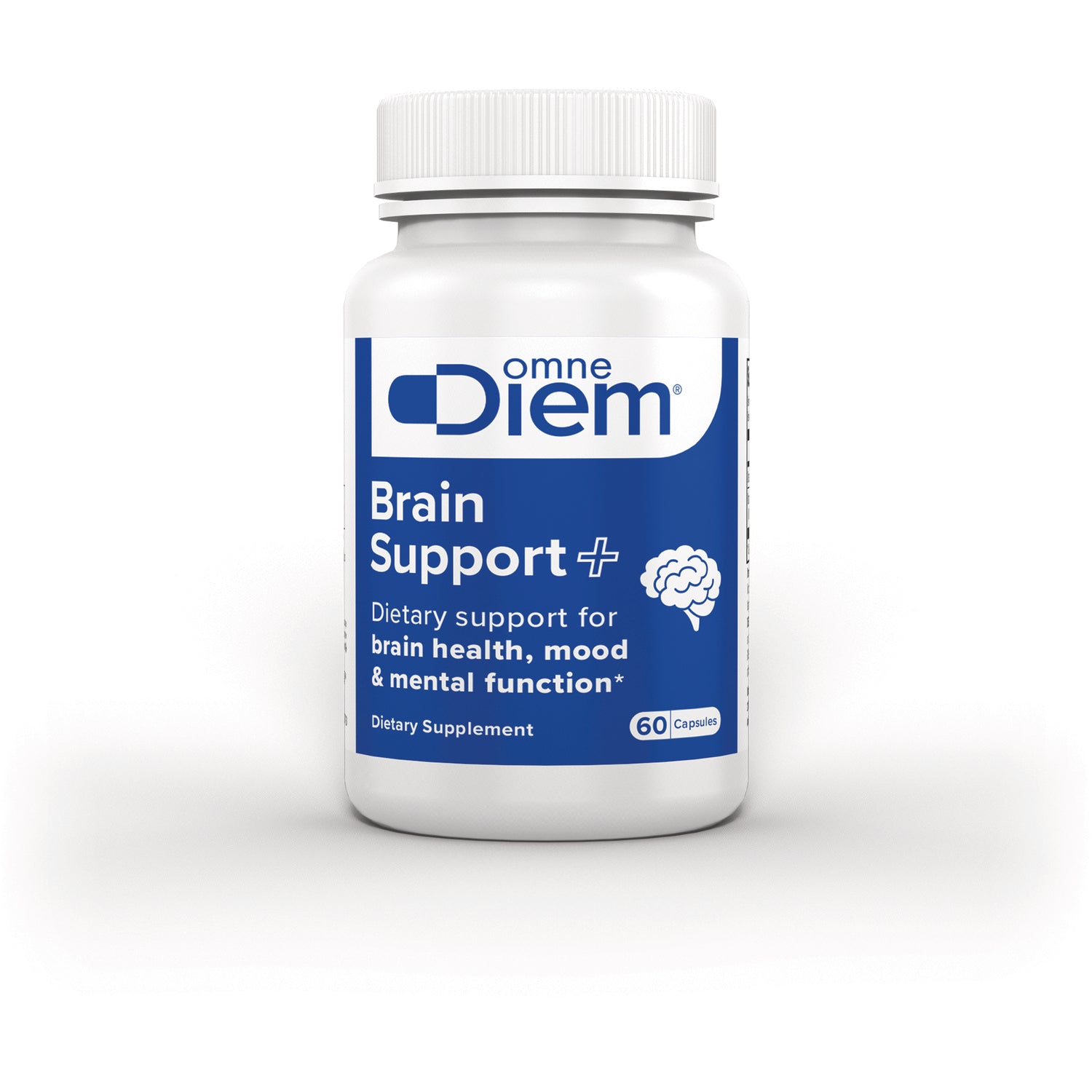 DIM023 | White supplement bottle labeled omne Diem Brain Support+ dietary support for brain health, 60 capsules