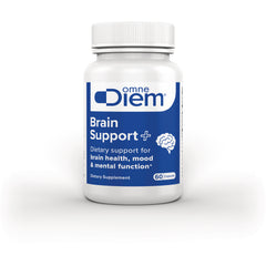 DIM023 | White supplement bottle labeled omne Diem Brain Support+ dietary support for brain health, 60 capsules