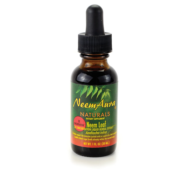 NMA004 | Amber glass dropper bottle of NeemAura Naturals Neem Leaf dietary supplement, 1 fl oz