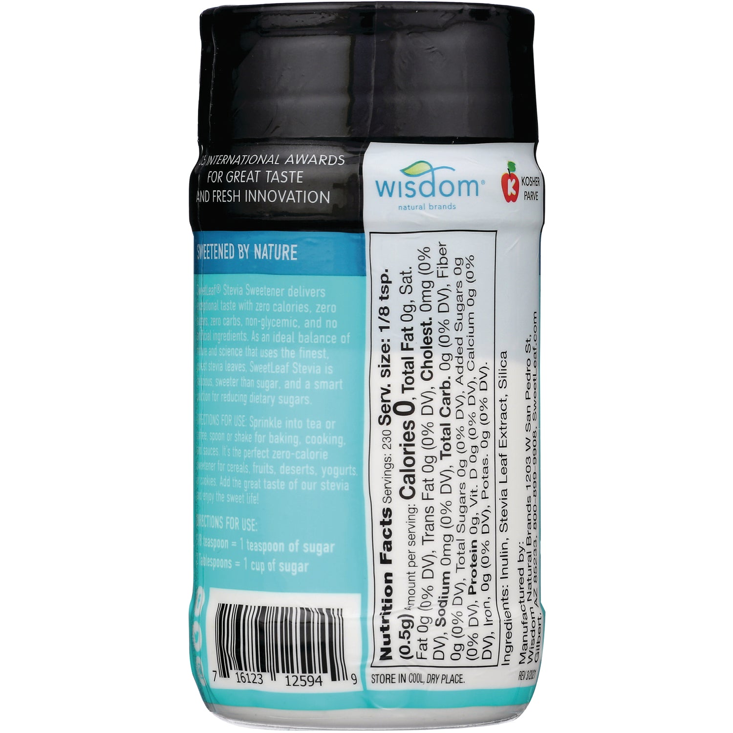 WA021 | Back of Wisdom stevia sweetener container showing Nutrition Facts and barcode