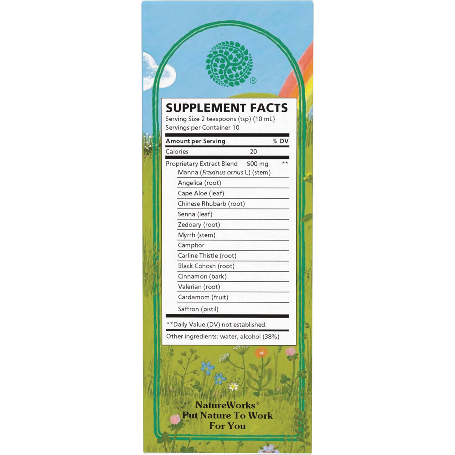 NR001 | Supplement Facts panel with serving size, proprietary extract blend and ingredient list on green NatureWorks box
