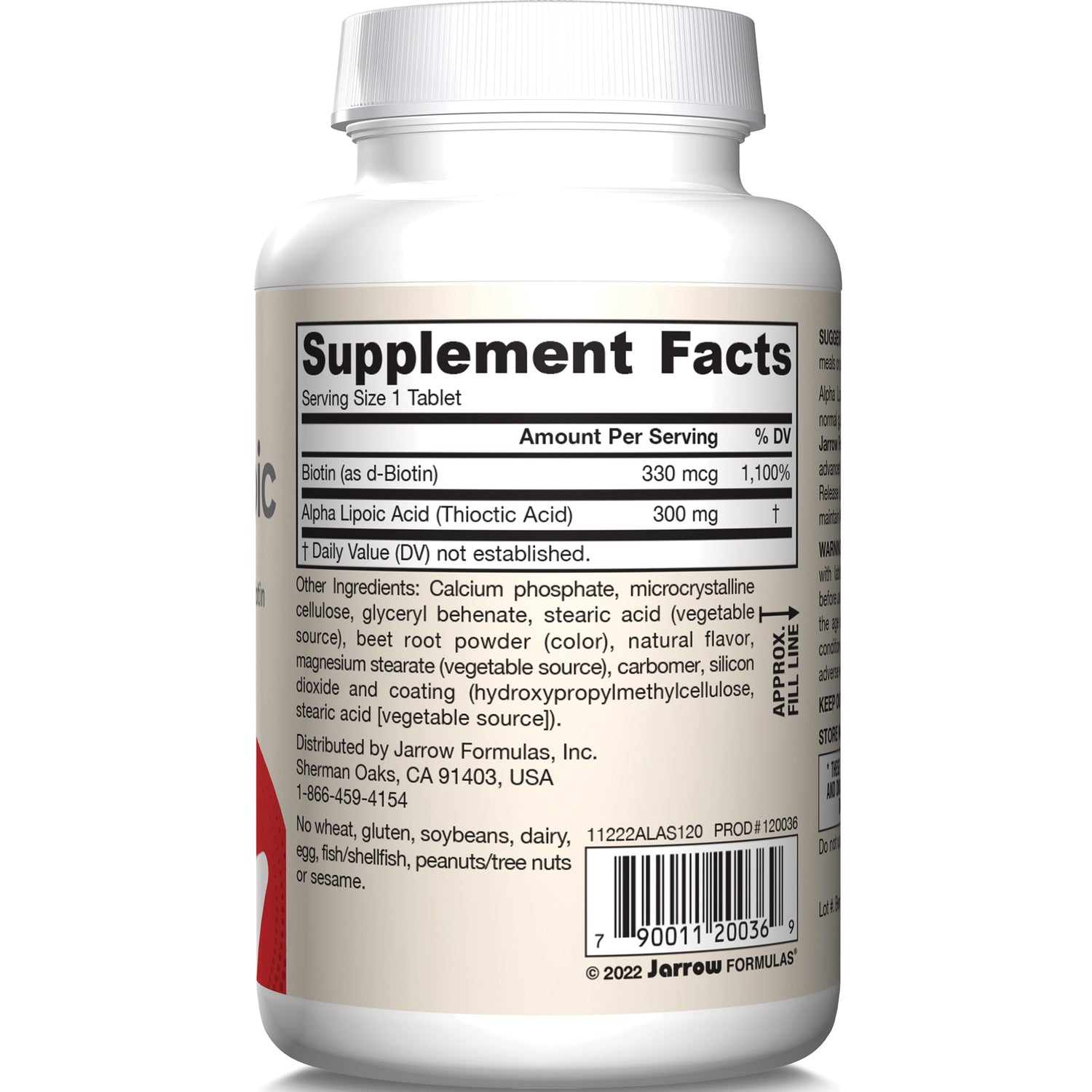 JR312 | Back of white supplement bottle showing Supplement Facts panel, ingredients list and barcode