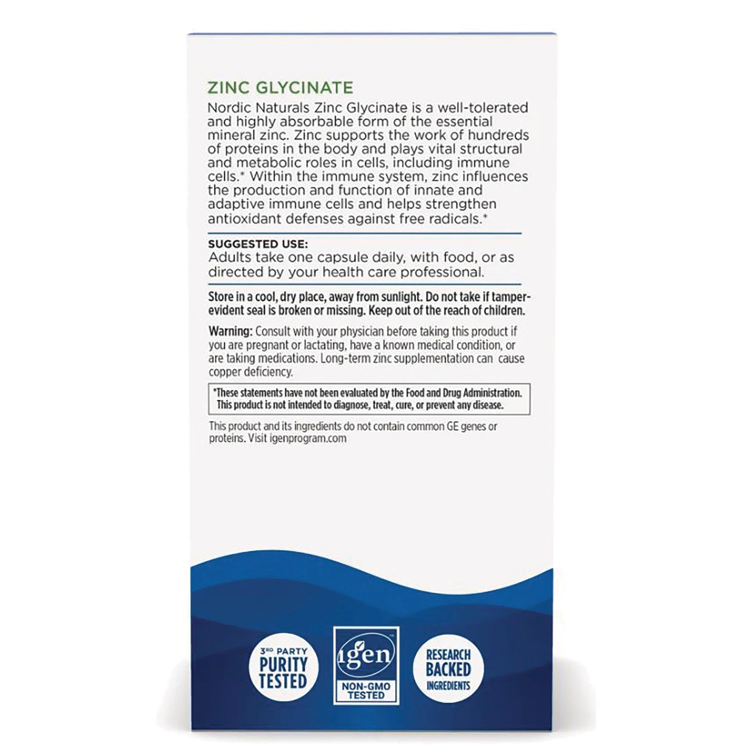 NRN115 | back panel of Zinc Glycinate supplement box showing suggested use, warnings, and purity and non-GMO logos