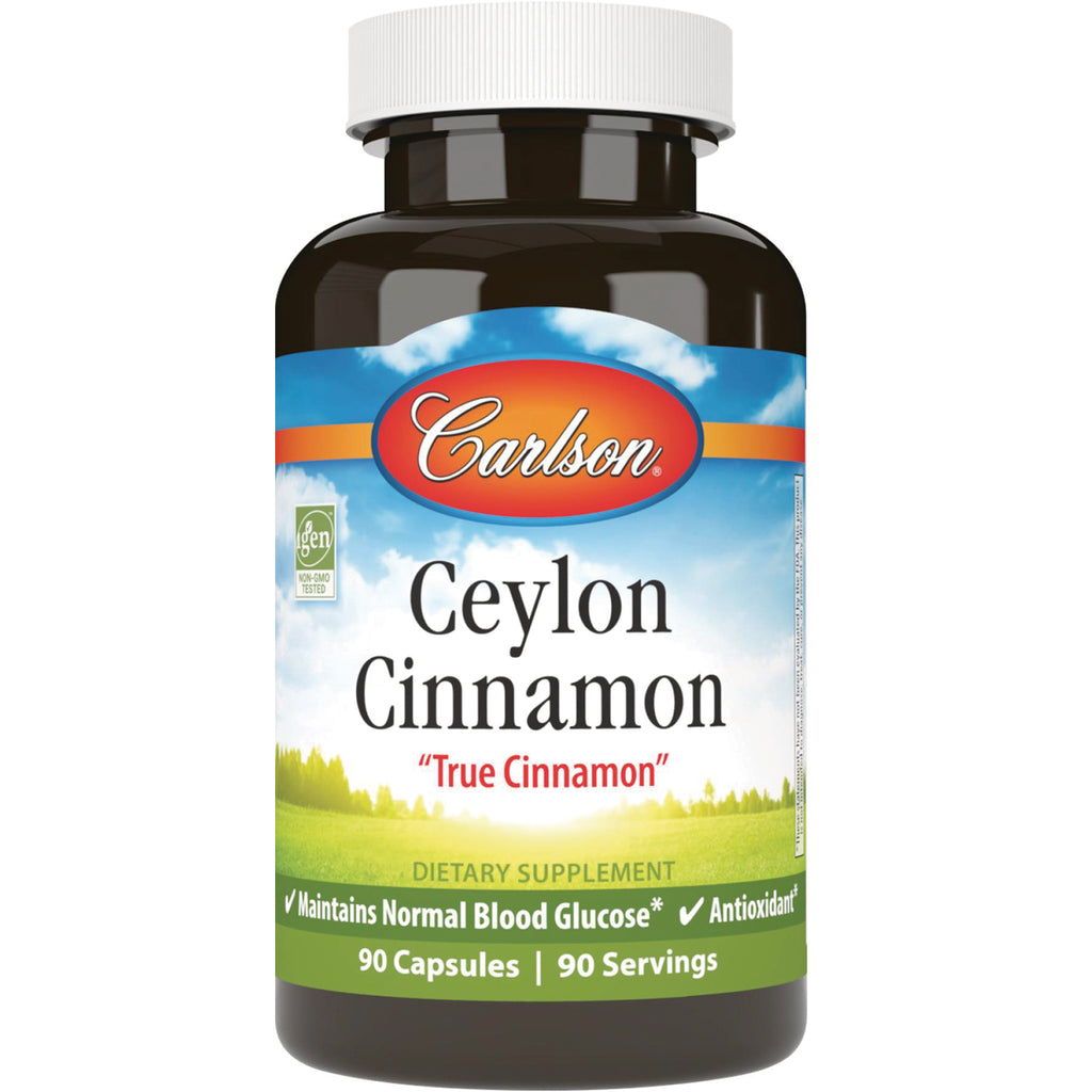 CSN221 | Carlson Ceylon Cinnamon dietary supplement bottle front label reading True Cinnamon and 90 Capsules - Thumbnail