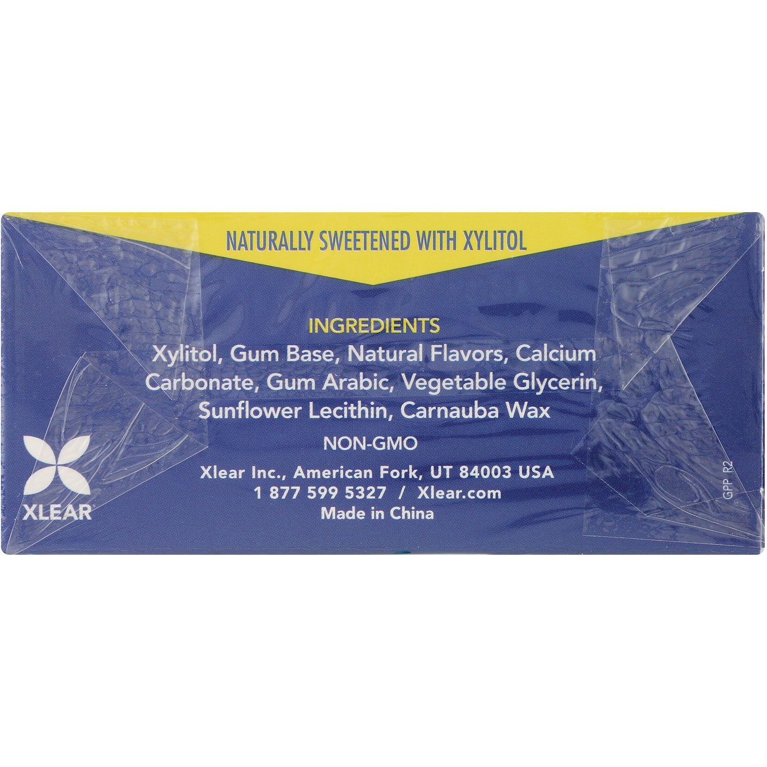 XL017 | Back of Xlear pack with ingredients: Xylitol, gum base, natural flavors, calcium carbonate, and Non-GMO callout