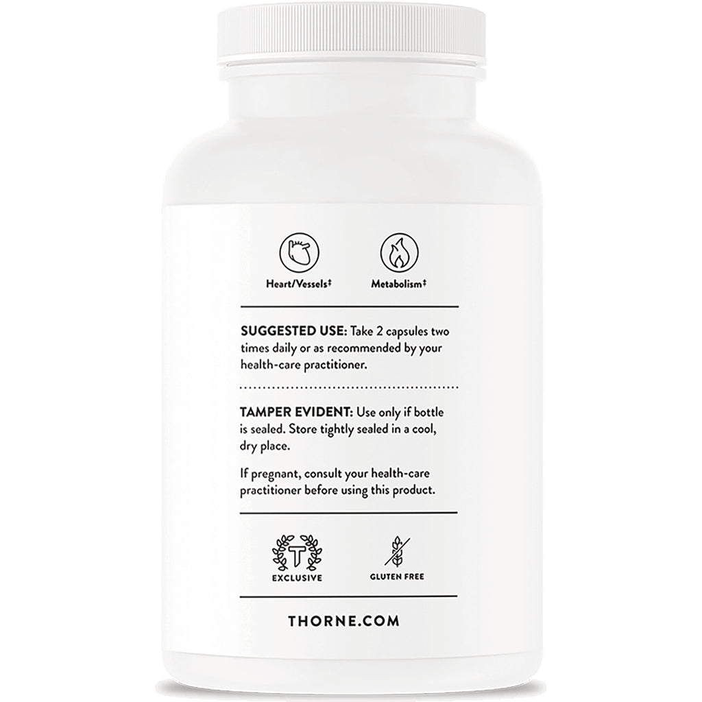 TRN026 | Back label of Thorne supplement bottle with Suggested Use, Tamper Evident, Heart/Vessels and Metabolism icons - Thumbnail