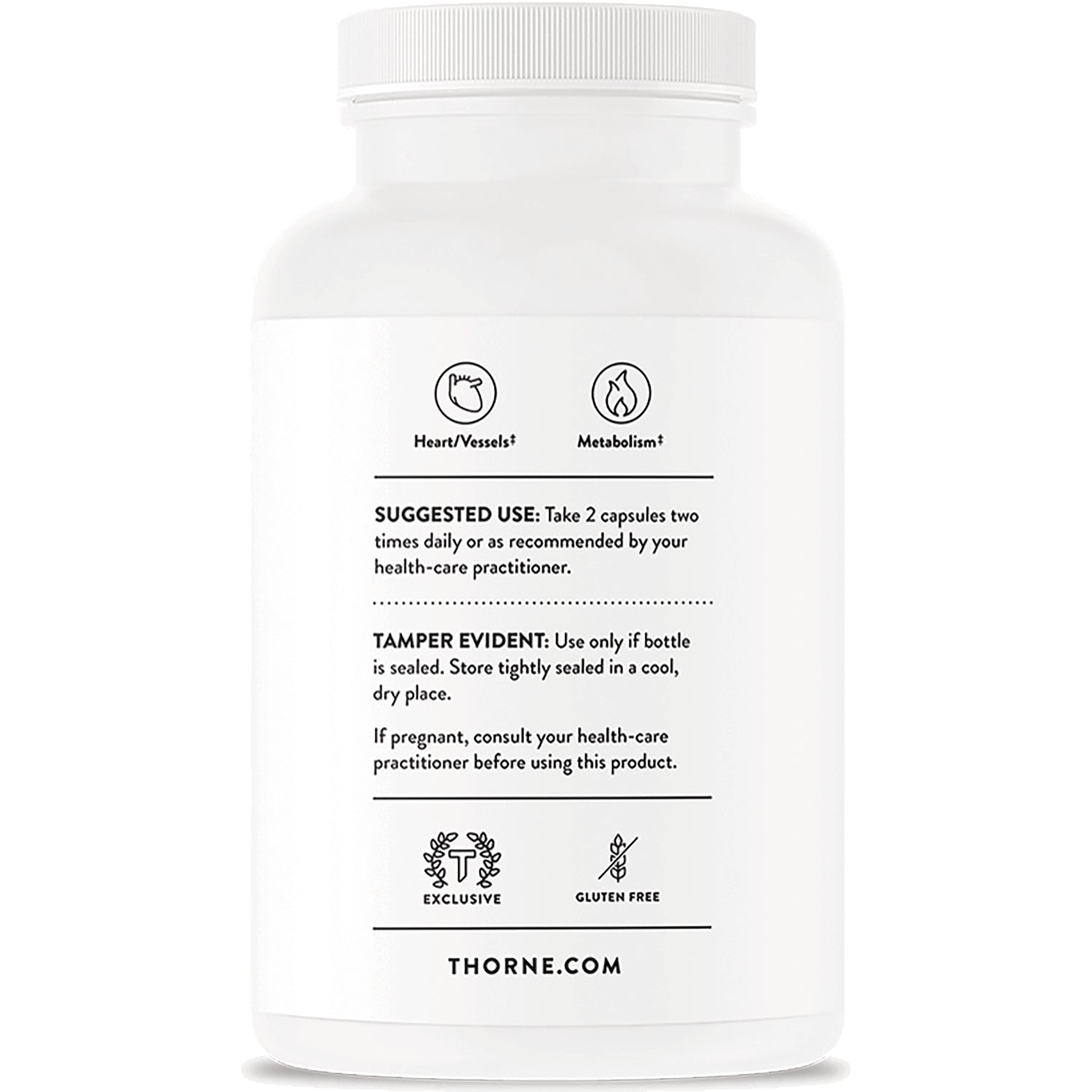 TRN026 | Back label of Thorne supplement bottle with Suggested Use, Tamper Evident, Heart/Vessels and Metabolism icons