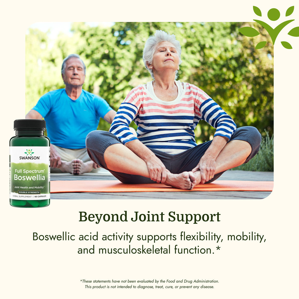 SW1589 | Older adults doing yoga outdoors with Swanson Boswellia supplement bottle and flexibility claim - Thumbnail