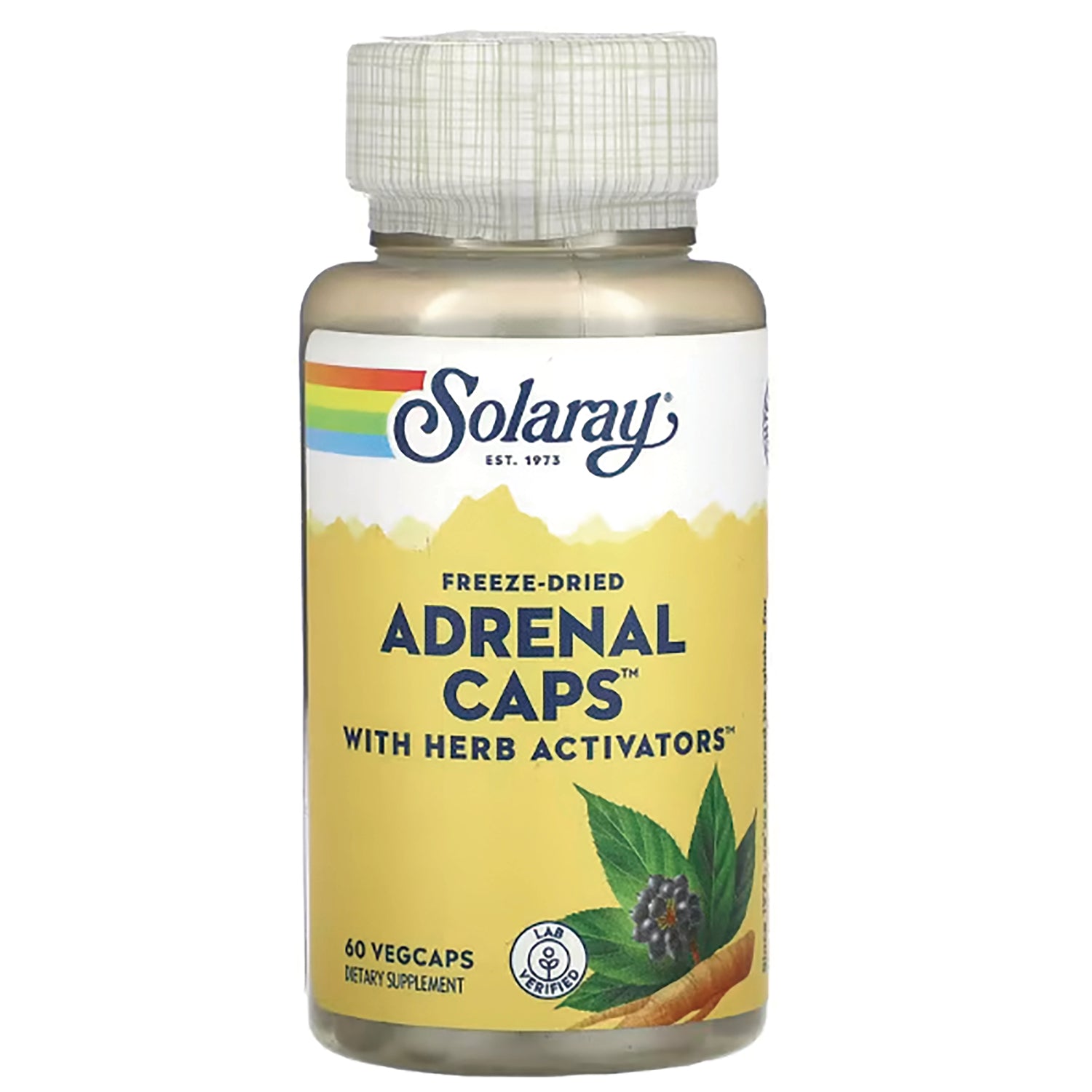 SLR189 | Solaray Adrenal Caps bottle with freeze-dried herb activators label, 60 vegcaps