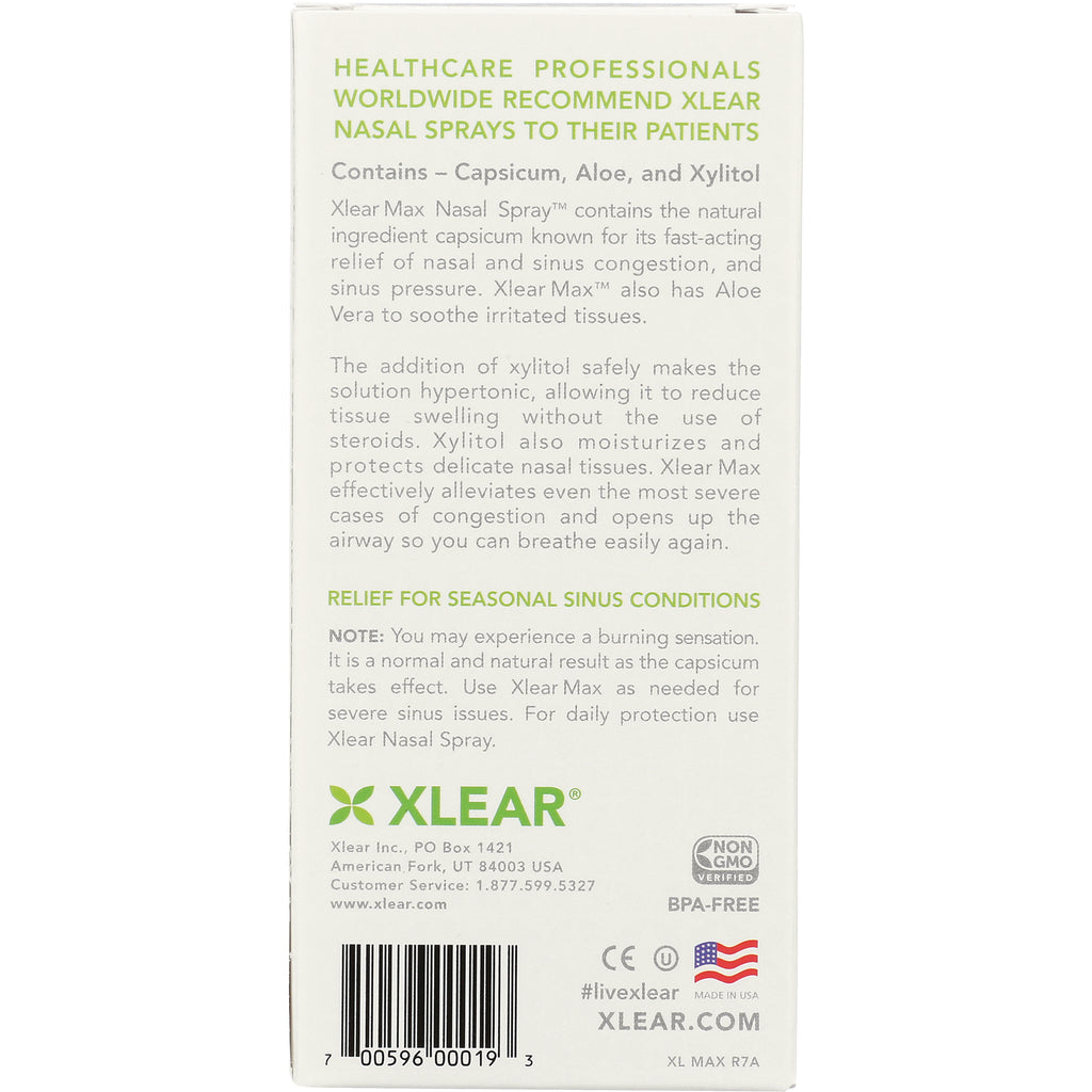 XL060 | Xlear Max nasal spray box back panel with ingredients capsicum, aloe, xylitol and relief for seasonal sinus conditions - Thumbnail