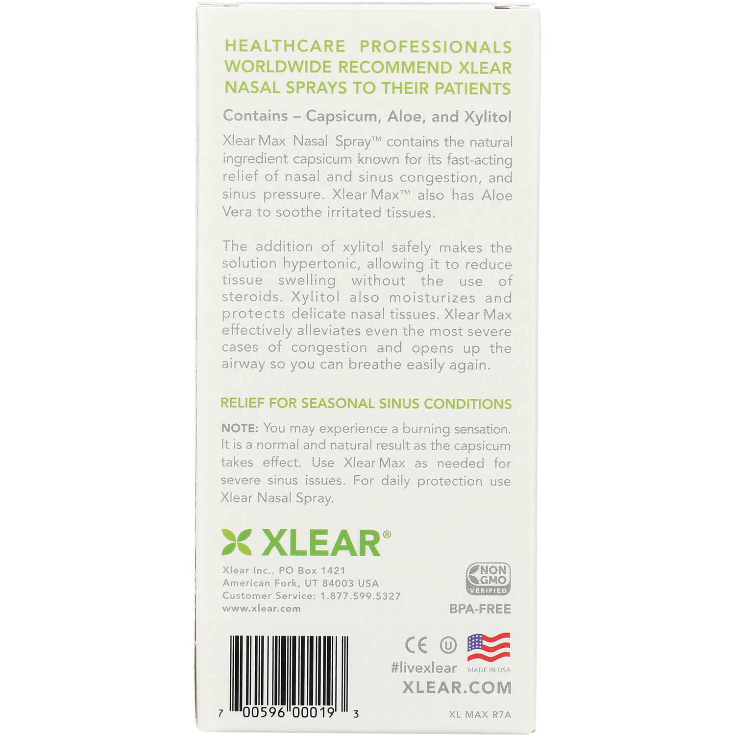 XL060 | Xlear Max nasal spray box back panel with ingredients capsicum, aloe, xylitol and relief for seasonal sinus conditions