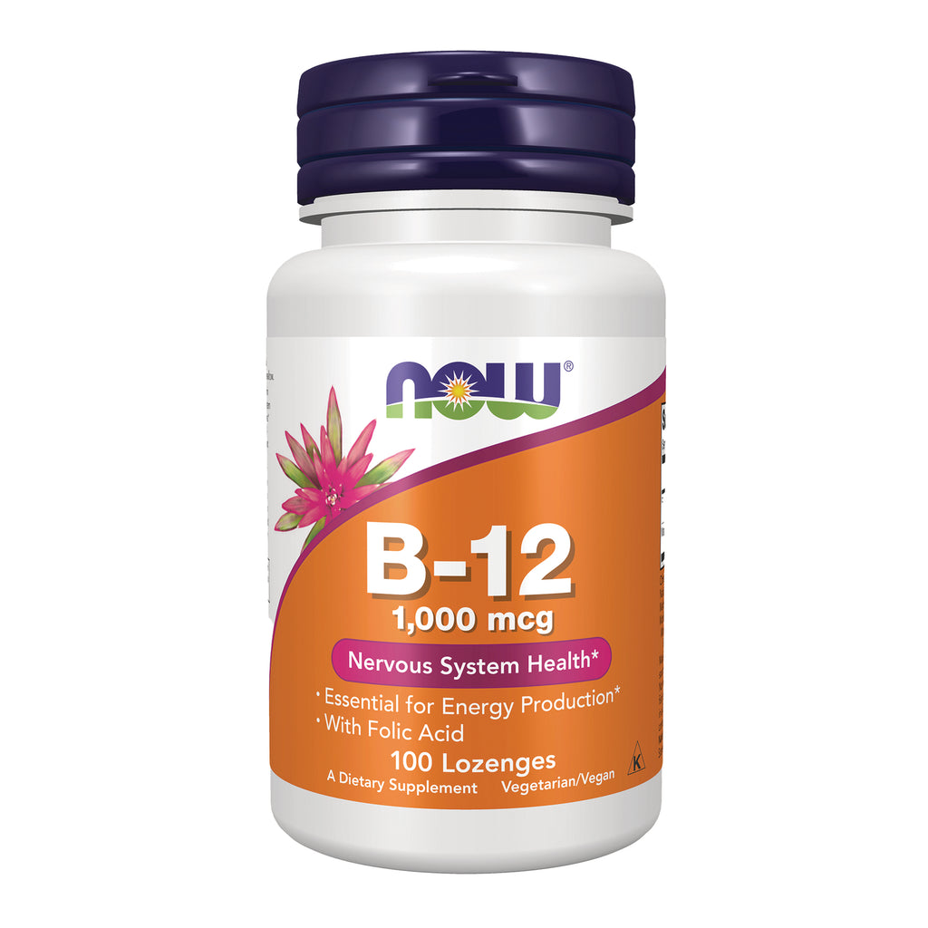 NWF023 | NOW B-12 1,000 mcg lozenge bottle front label with orange panel and purple cap - Thumbnail