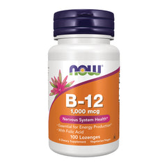 NWF023 | NOW B-12 1,000 mcg lozenge bottle front label with orange panel and purple cap