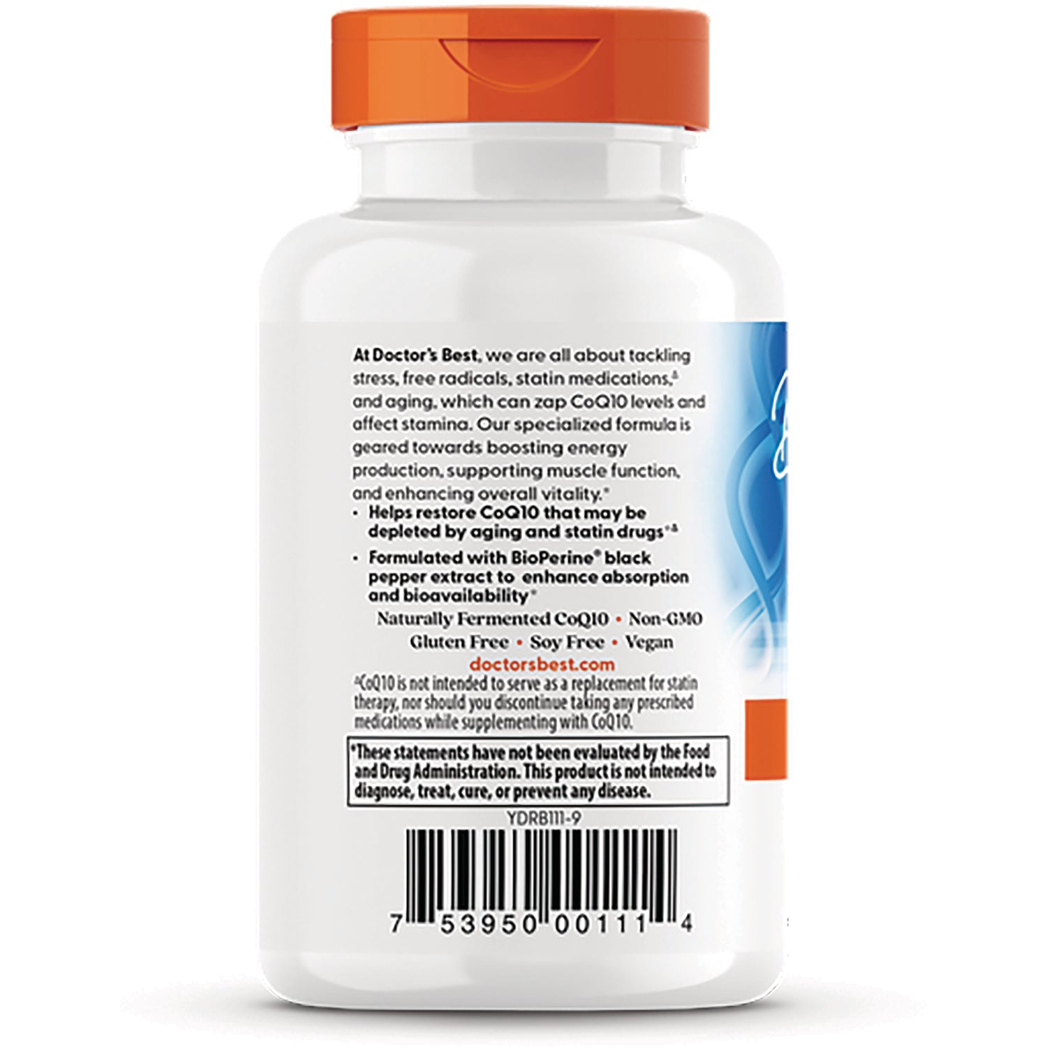 DB158 | back label of white supplement bottle showing ingredient text, warnings and barcode with orange cap