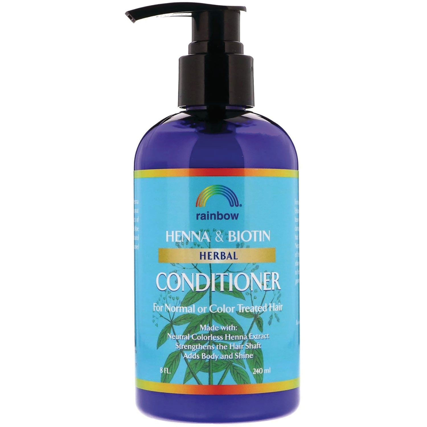 RBR001 | Rainbow Henna & Biotin herbal conditioner bottle with pump, 8 fl oz blue label