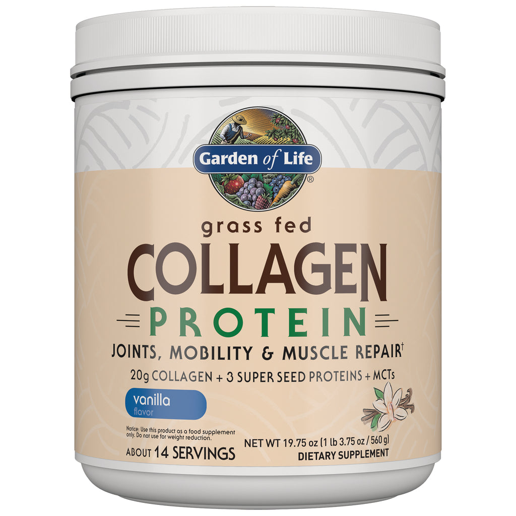 GLF310 | Garden of Life grass fed Collagen Protein vanilla flavor powder container front with logo and label - Thumbnail