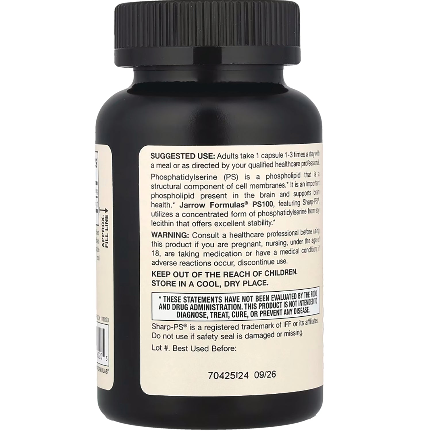 Back label of black supplement bottle showing suggested use, warnings, and best used before date 09/26