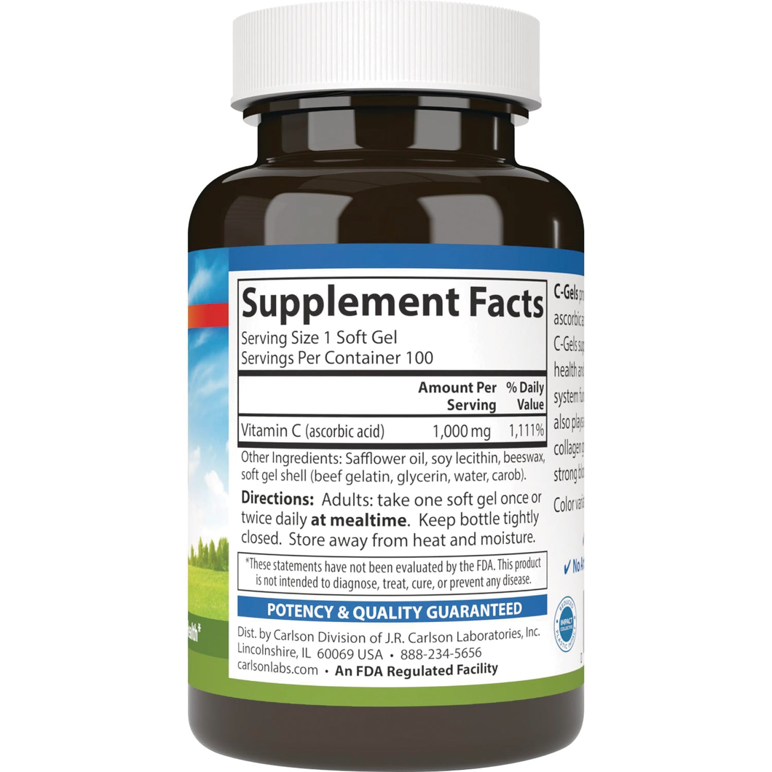 CSN091 | Back of brown supplement bottle showing Supplement Facts panel, serving size, ingredients, and directions