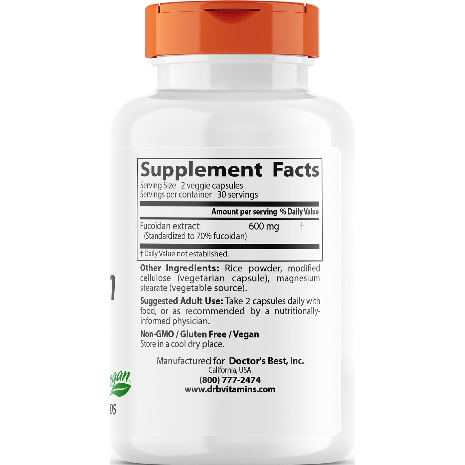 DB109 | back label with Supplement Facts panel and ingredients listing Fucoidan extract 600 mg