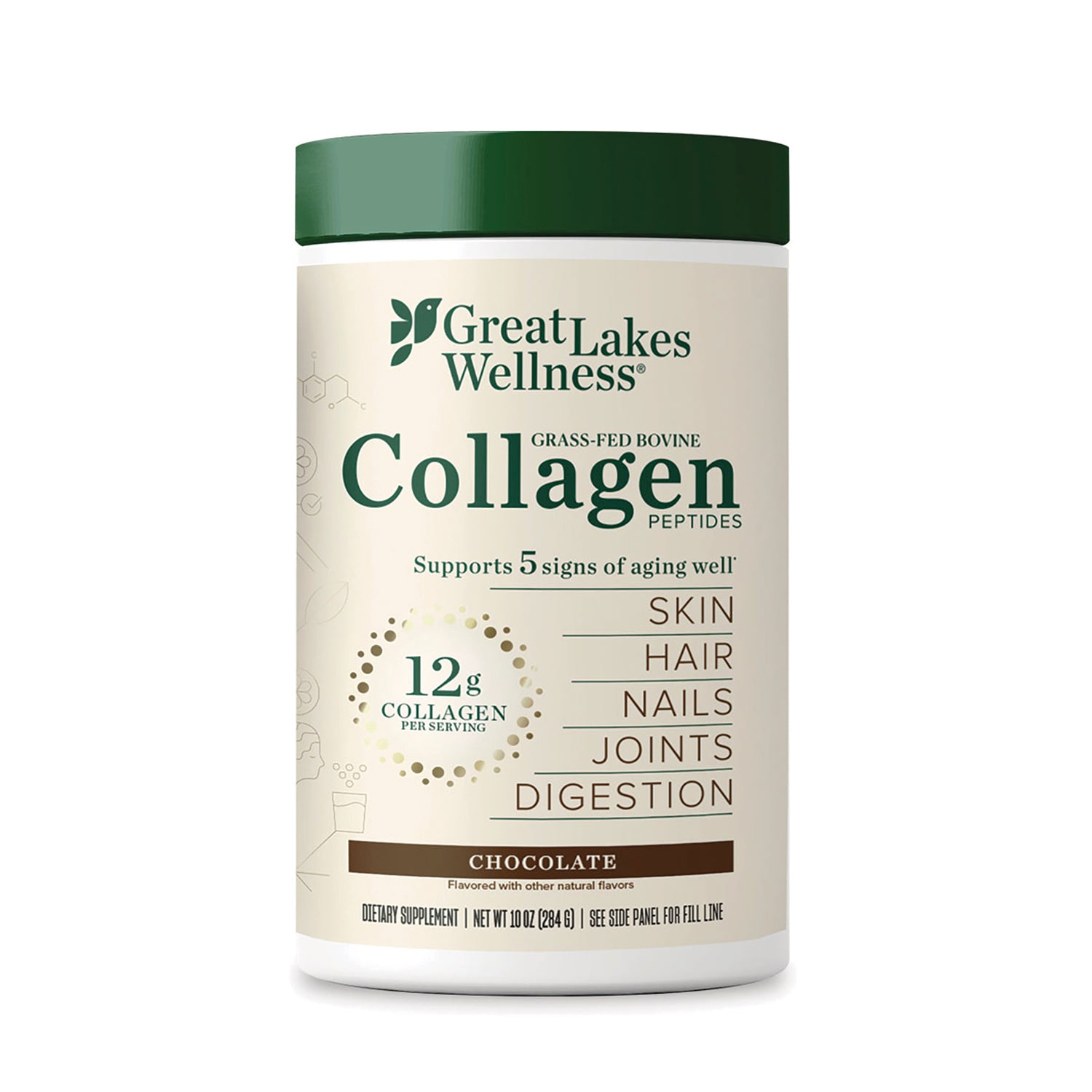 GLK013 | Great Lakes Wellness Collagen powder container, chocolate flavor, front label showing 12g collagen per serving