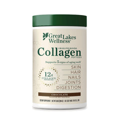 GLK013 | Great Lakes Wellness Collagen powder container, chocolate flavor, front label showing 12g collagen per serving