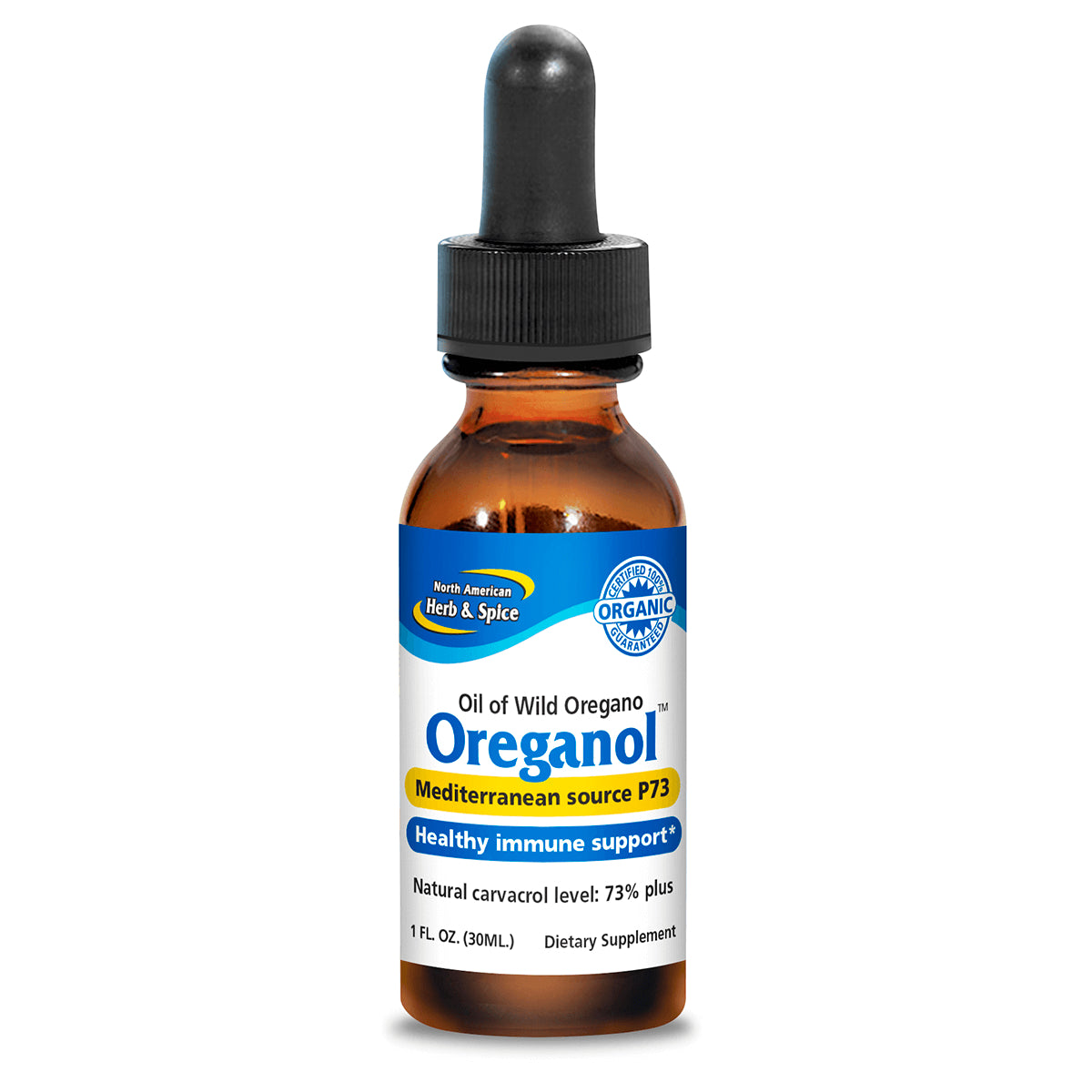 NHS002 | Amber dropper bottle labeled Oreganol oil of wild oregano Mediterranean source P73 healthy immune support