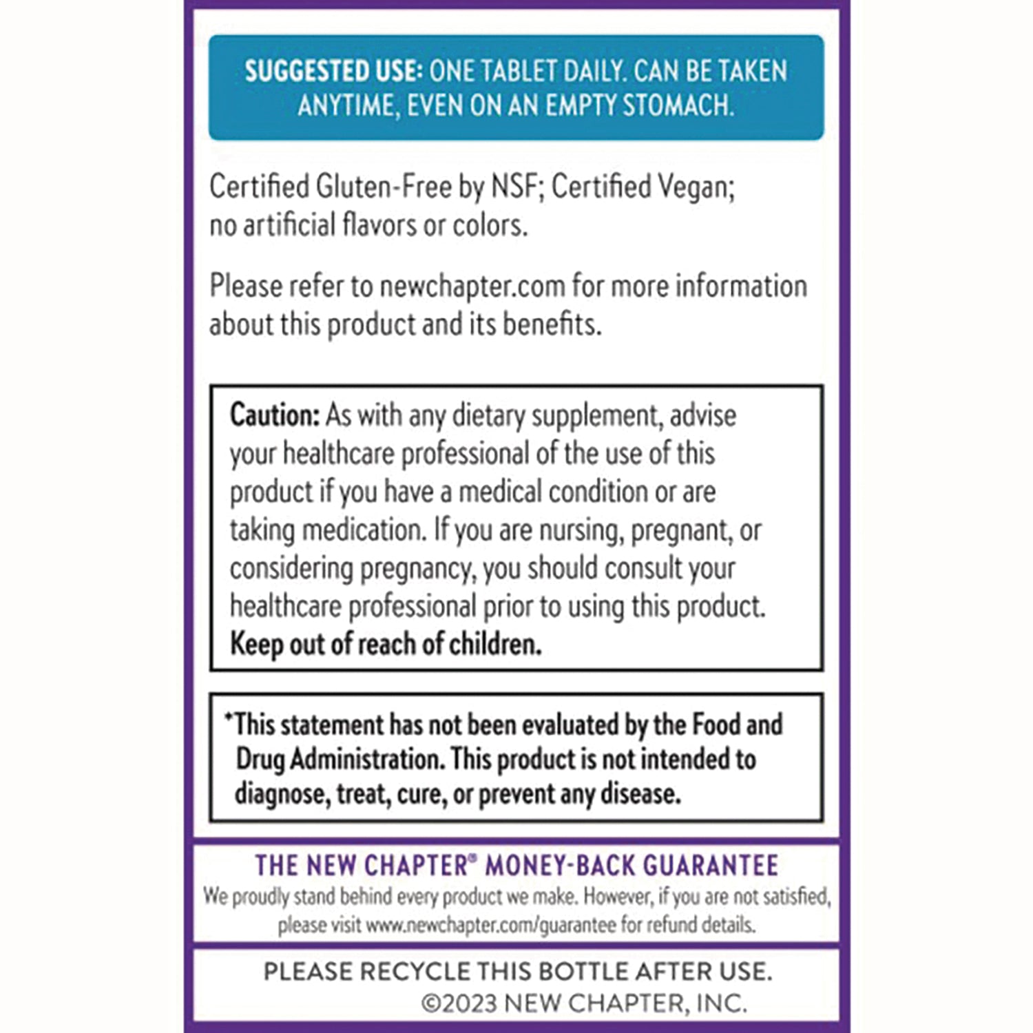 NWC346 | back label showing suggested use, caution box, FDA disclaimer, money-back guarantee and recycle notice