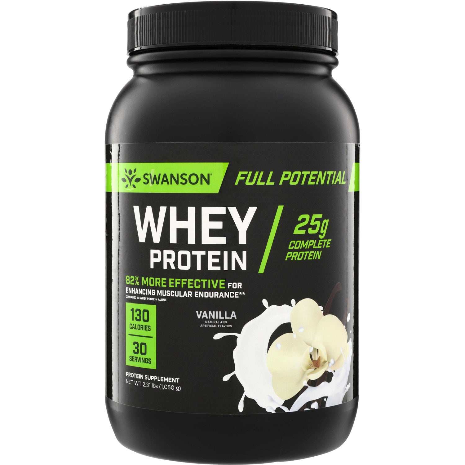 SW1892 | Swanson Full Potential Whey Protein vanilla, 25g protein, front of container