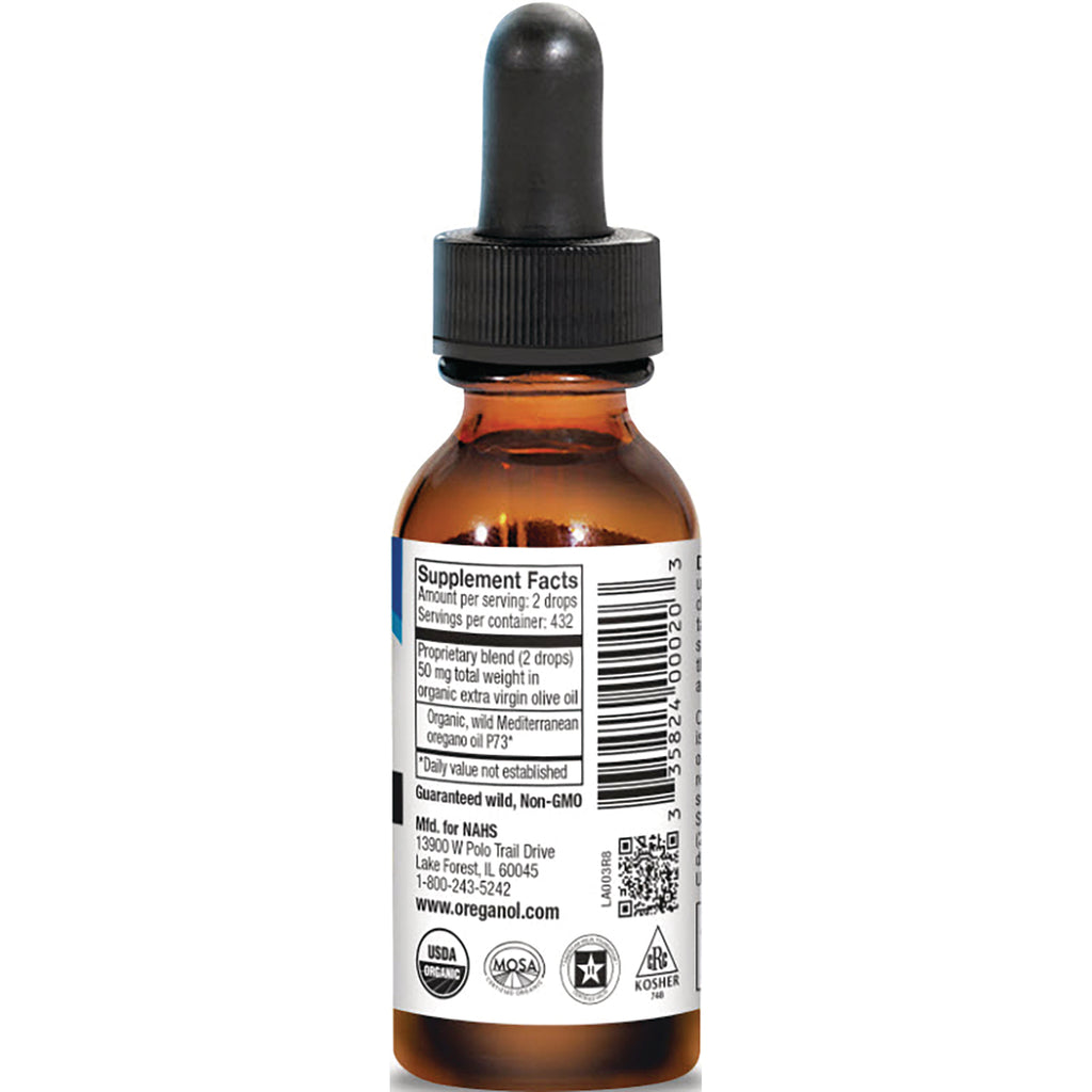 NHS004 | Back label of amber dropper bottle showing Supplement Facts panel, barcode, and certification logos - Thumbnail