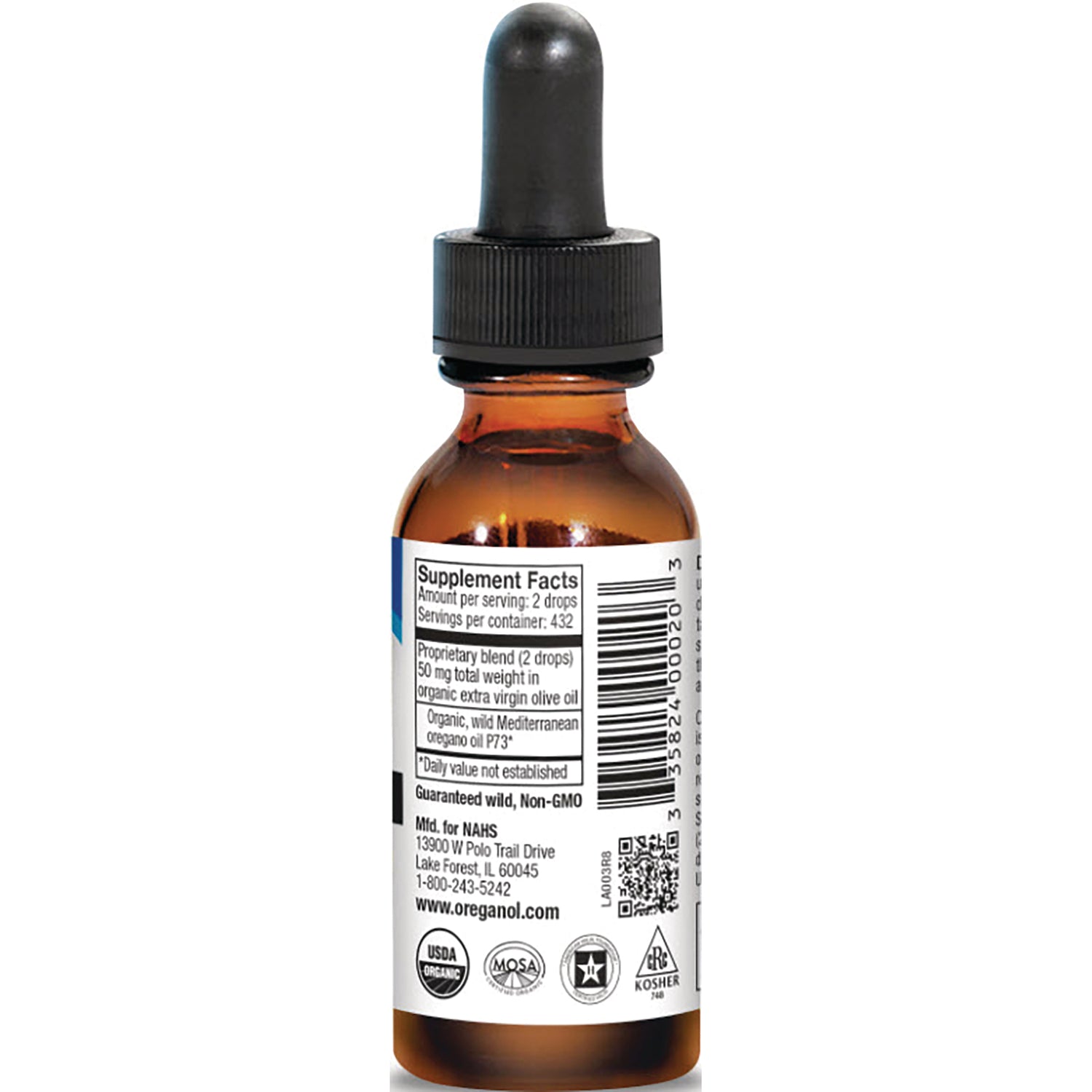 NHS004 | Back label of amber dropper bottle showing Supplement Facts panel, barcode, and certification logos