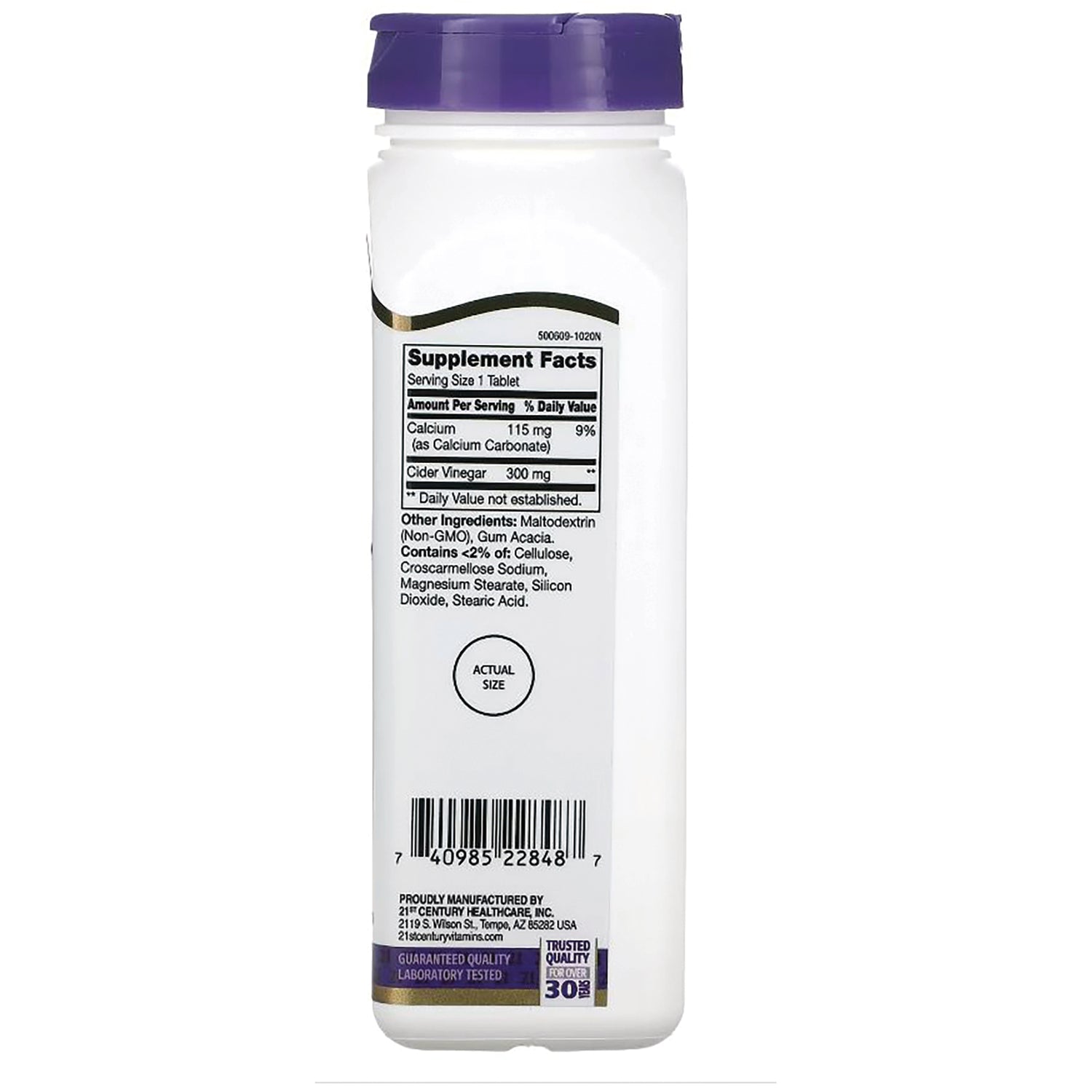 CNT010 | Back of white supplement bottle with purple cap showing Supplement Facts panel, ingredients list, actual size circle, and barcode