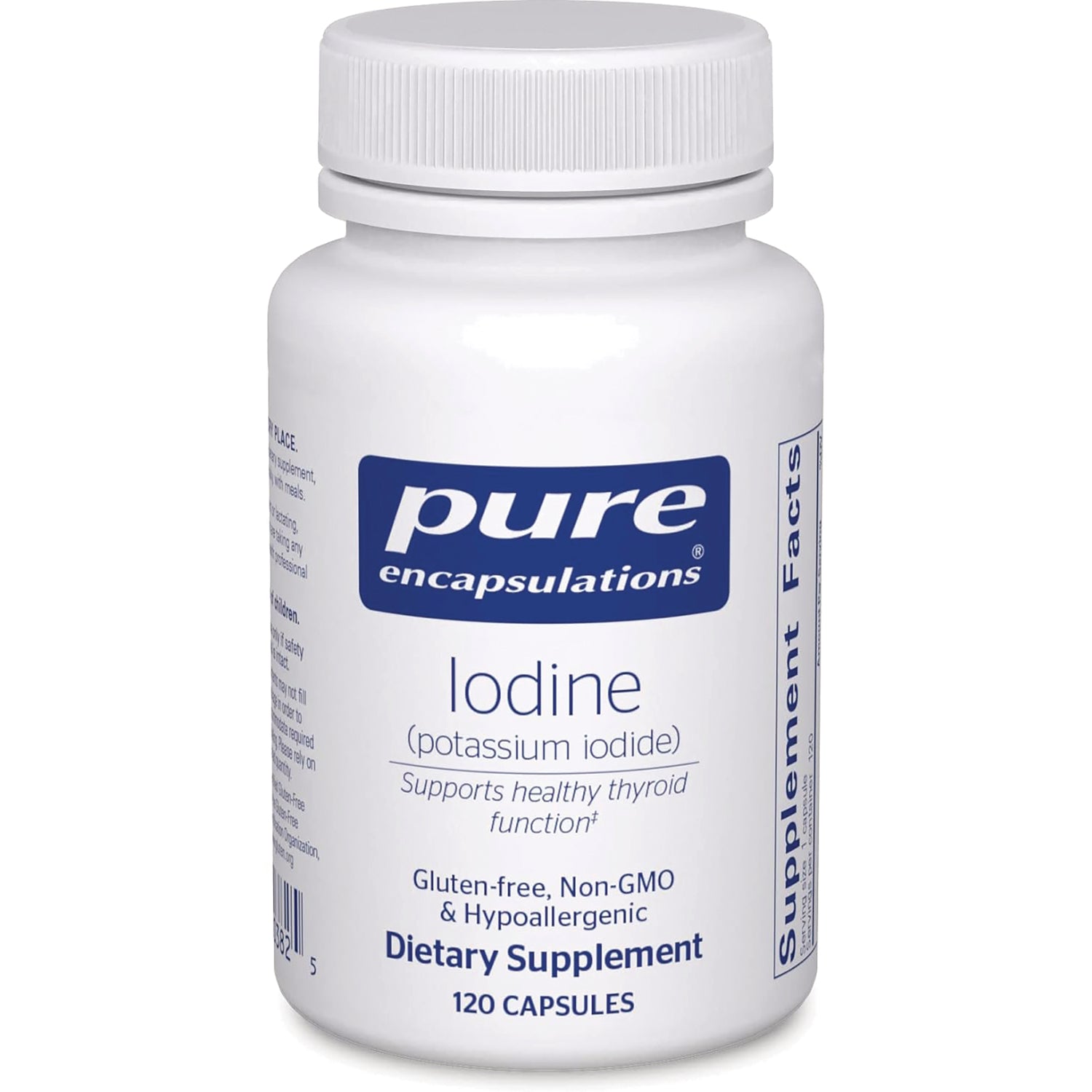 PRN011 | White bottle labeled Pure Encapsulations Iodine (potassium iodide) dietary supplement 120 capsules