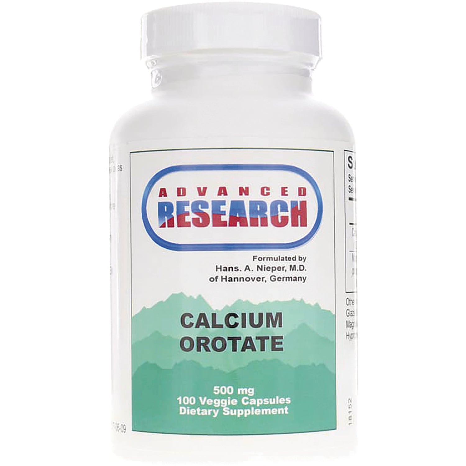 ADR006 | White bottle labeled Advanced Research Calcium Orotate, 500 mg, 100 Veggie Capsules